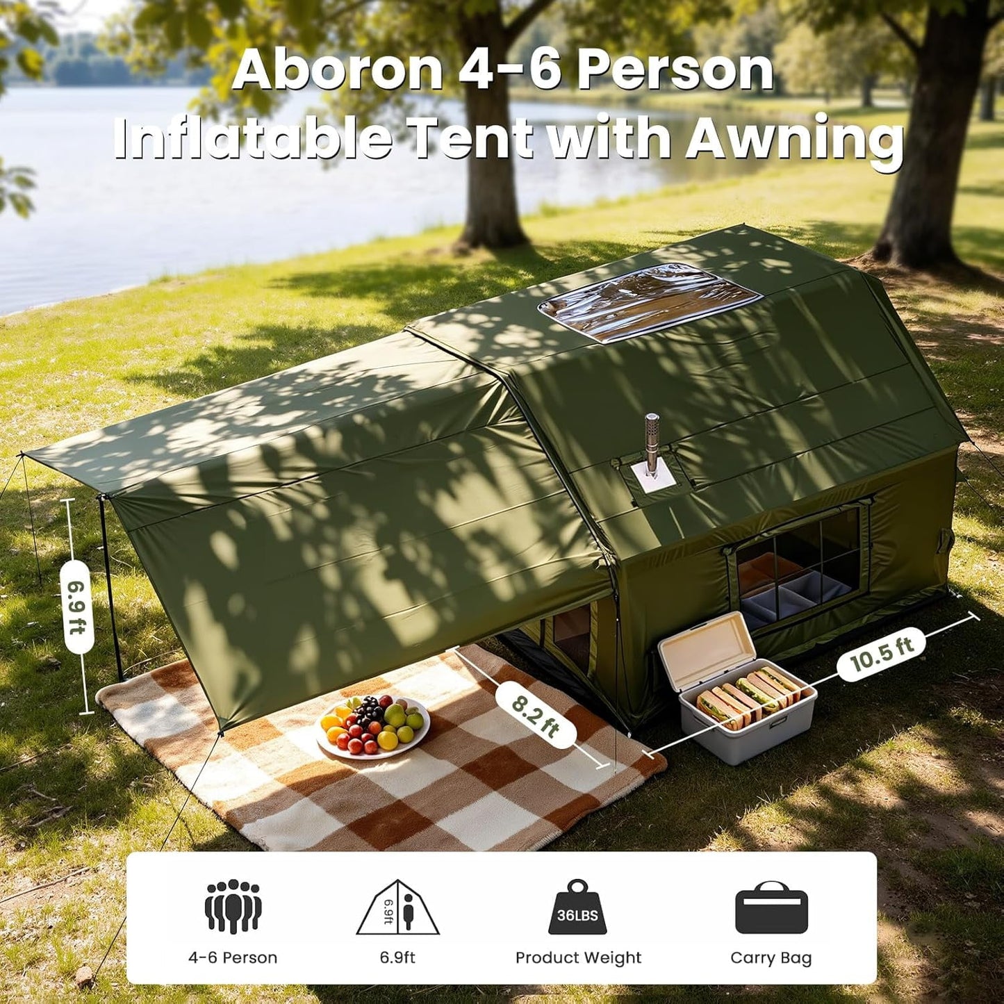 Lilypelle 4-6 Person Blow Up Inflatable Tent w/ Canopy,10.5ft x 8.2ft x 6.9ft Hot Tent w/ Stove Jack, Easy Setup Air Camping Tent w/ Hand Pump, Waterproof Inflatable House for Family Glamping，Green