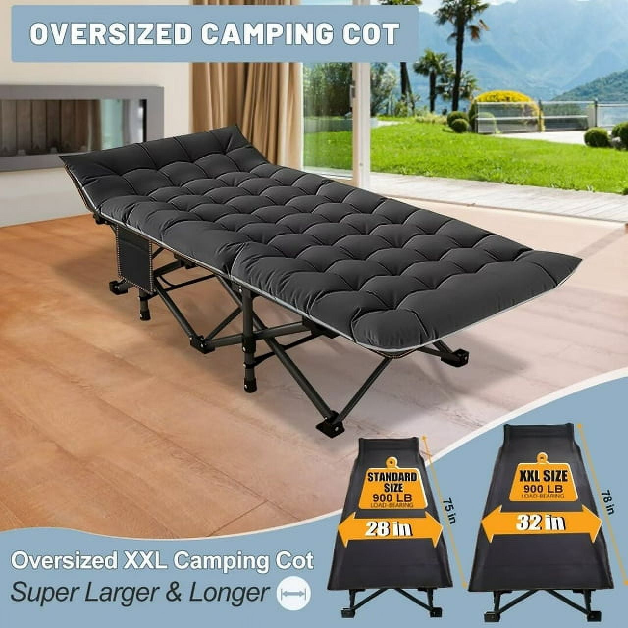 Lilypelle Oversized XXL Folding Camping Cot for Adults, 32" XXL Wide Folding Cot Bed for Sleeping with 2 Sided Mattress & Carry Bag, Tent Cot, Supports 900 lbs