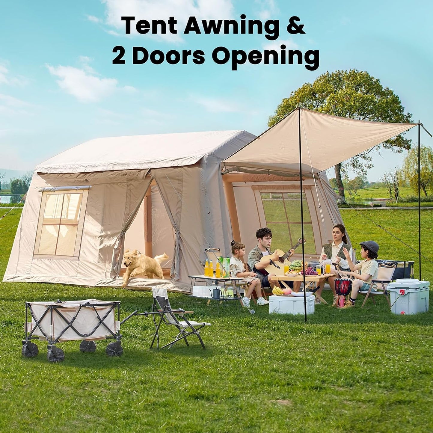 Lilypelle 8-10 Person Blow Up Inflatable Tent, with Removable Canopy and Stove Jack, 2 Room Instant Setup Air Cabin, Waterproof Oxford Hot Camping Tent for Family Glamping，2 Room Tent + Canopy - 13ft X 9ft X 6.5ft