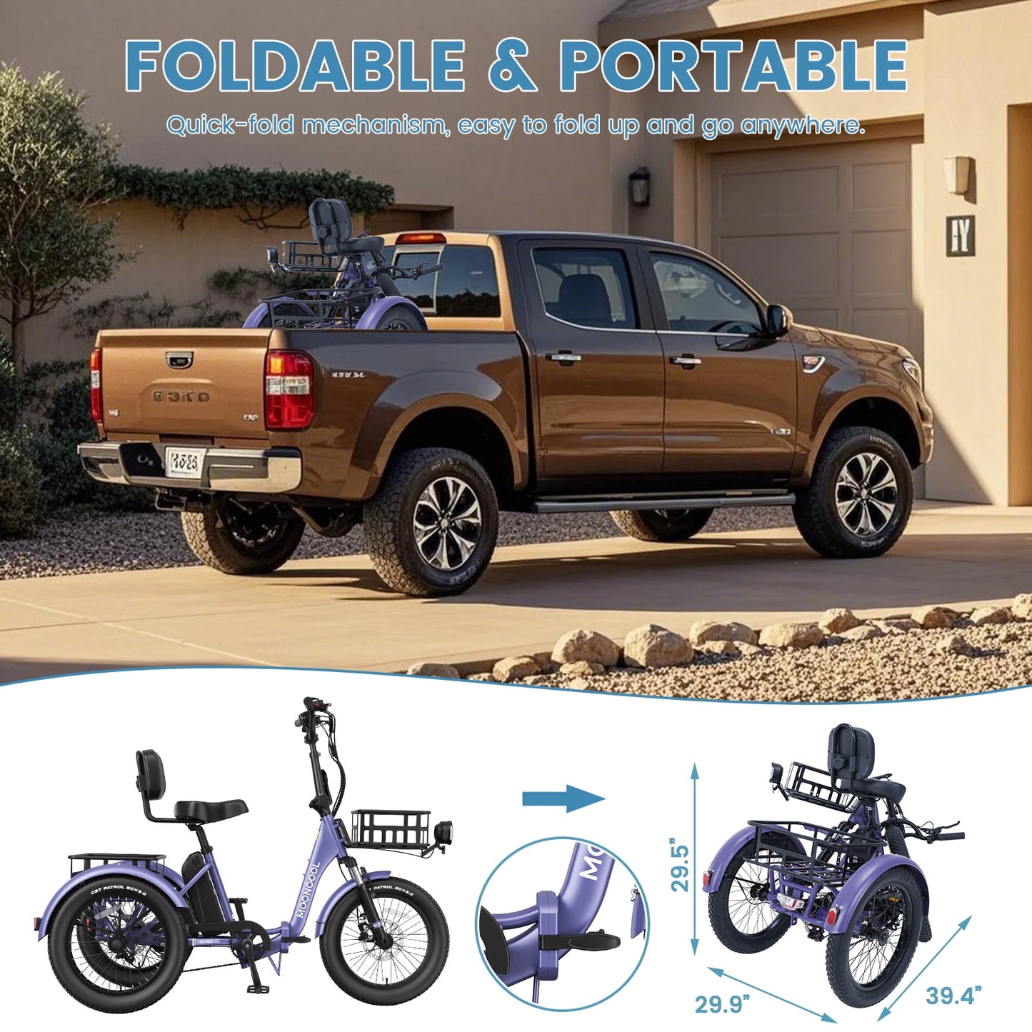 Lilypelle TK-Pro Electric Tricycle for Adults,750W 48V Folding E-Mountain bike UL2849 , 20" 6 Speed 3 Wheels Electric Bicycle with Front & Rear Basket and Removable 20AH Battery