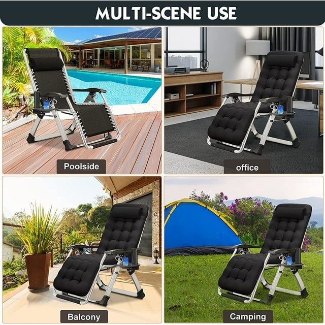 Lilypelle Zero Gravity Chair, Folding Adjustable Reclining Lounge Chair with Removable Cushion, Headrest and Cup Holder, Supports up to 440lbs，Black