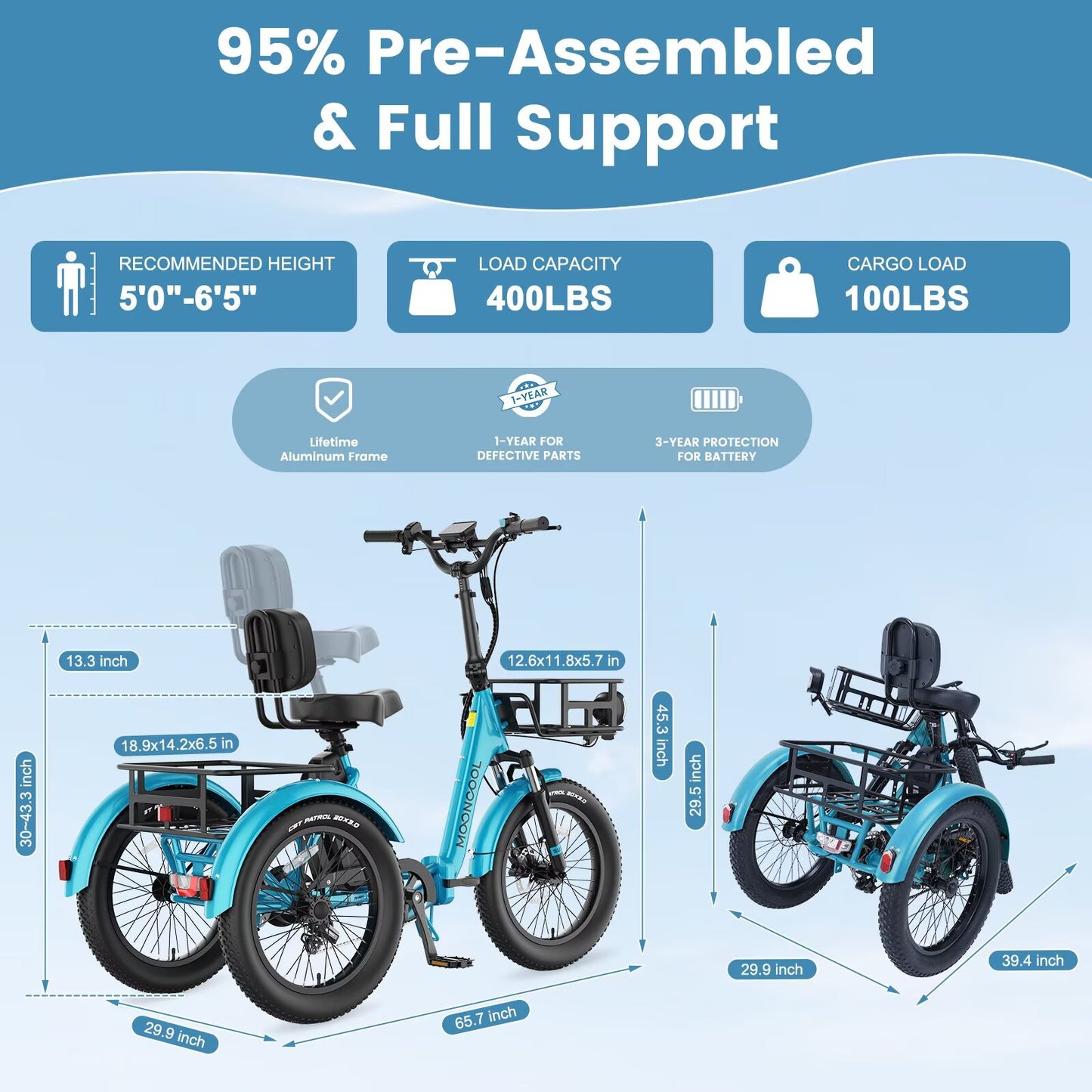 Lilypelle TK Pro Folding Electric Tricycle with Rack Bags , 6-Speed Peak 1500W Motor 48V Electric Trike for Adults, 20" Fat Tire 3 Wheel Electric Bicycle with Front & Rear Baskets