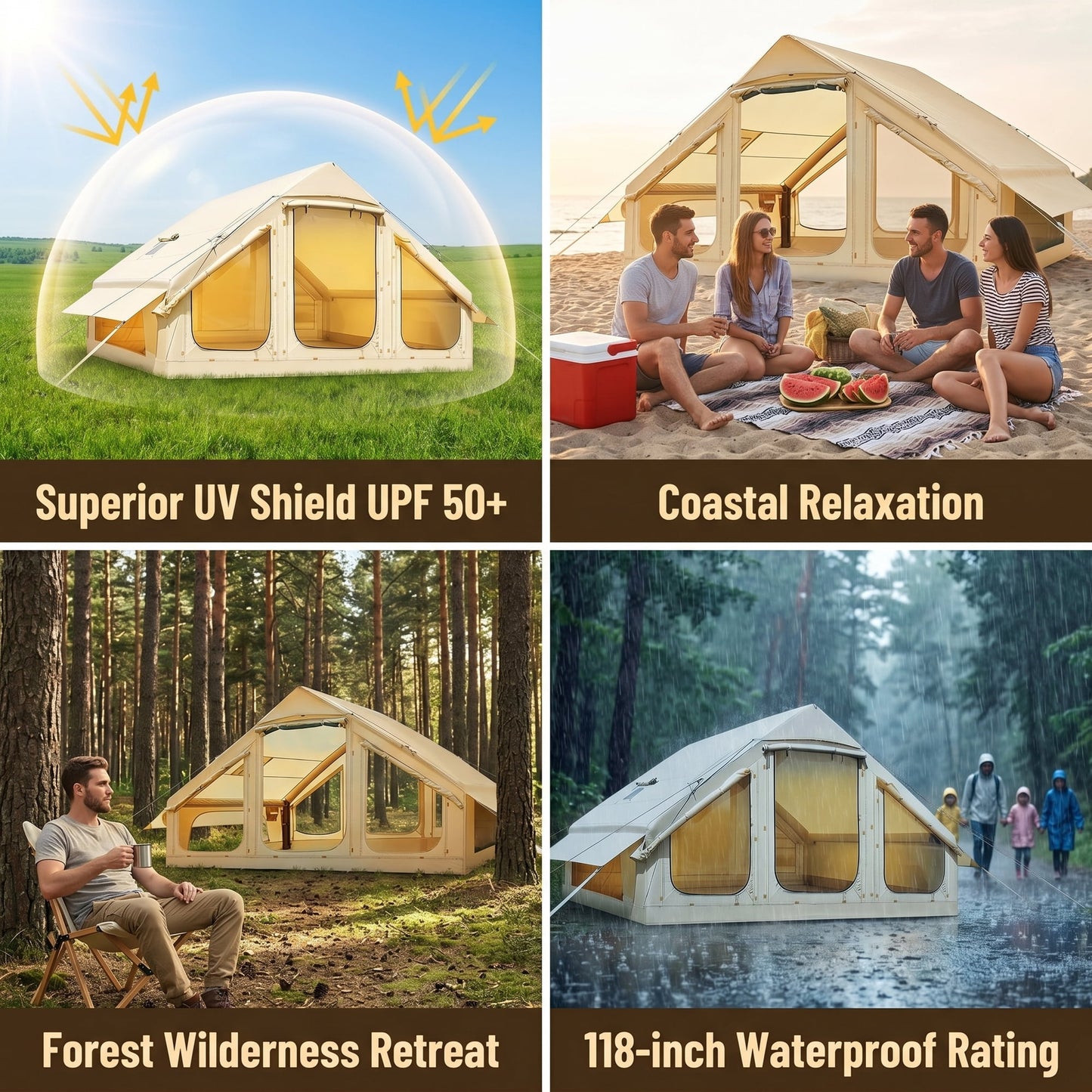Lilypelle 4-6 Person Blow Up Inflatable Tent with Stove Jack, Hot Tent for Camping with Hand Pump, Waterproof Inflatable Camp Tent with Mesh Windows, Easy Setup Glamping Inflatable House
