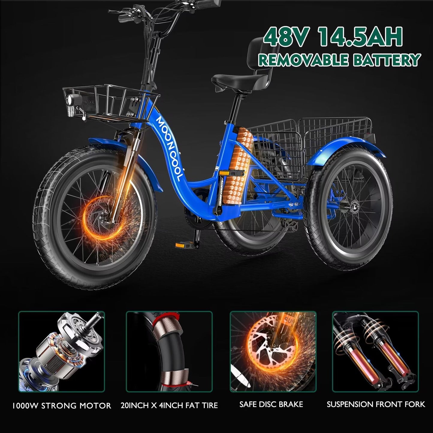 Lilypelle 7-Speed Electric Tricycle with 20" x 4" Fat Tires for Adults,500W 48V 14.5Ah Lithium Battery ,3 Wheels Electric bike with Front & Rear Basket for Men, Women，Senior