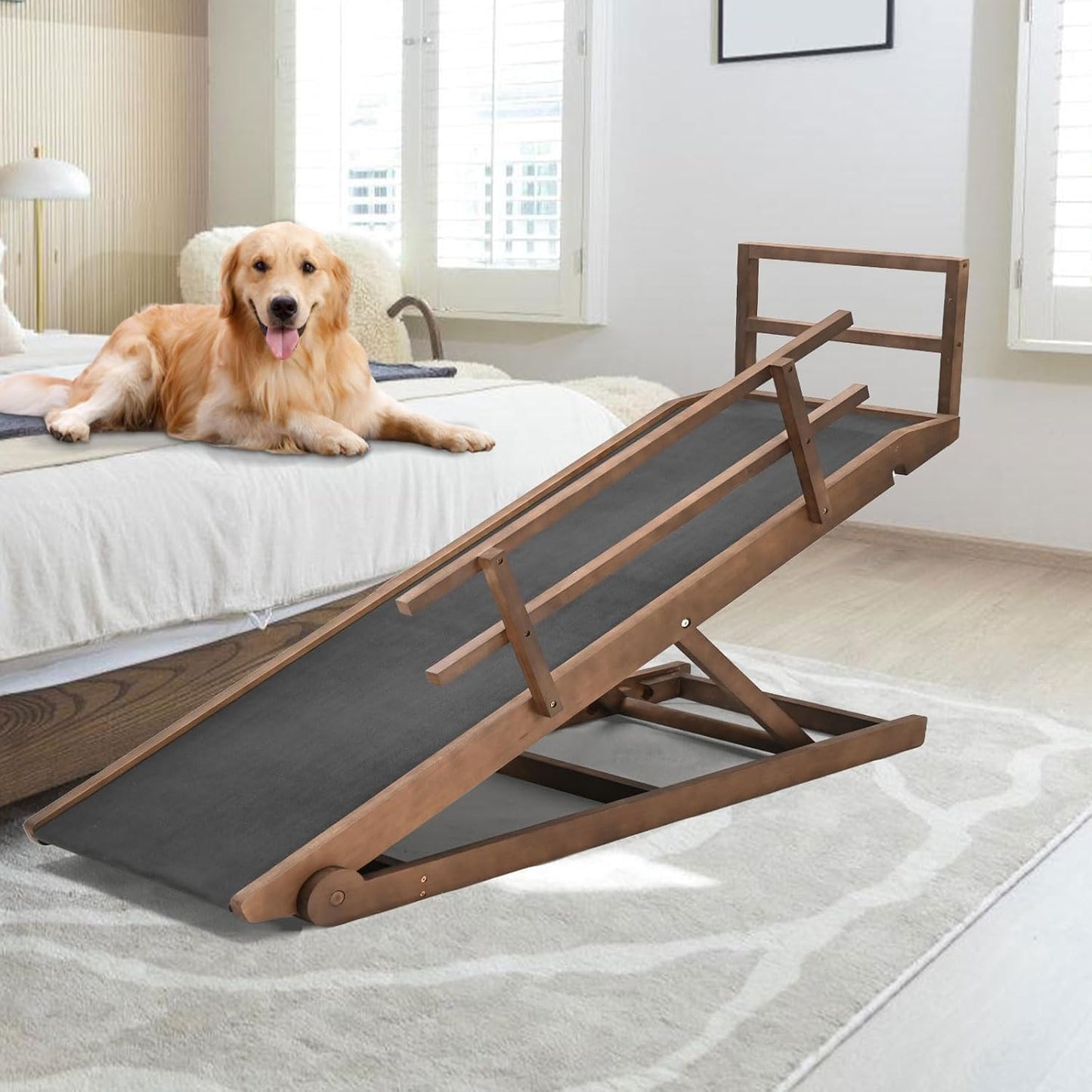 Dog Ramp for Bed, 5 Level Adjustable Dog Ramp for High Beds, Upgrade Rubber Mat High Traction Ramp with Safety Rails, Folding Pet Ramp for Bed, Couch,SUV, Natural Wood Pet Ramp for Small & Old Dogs