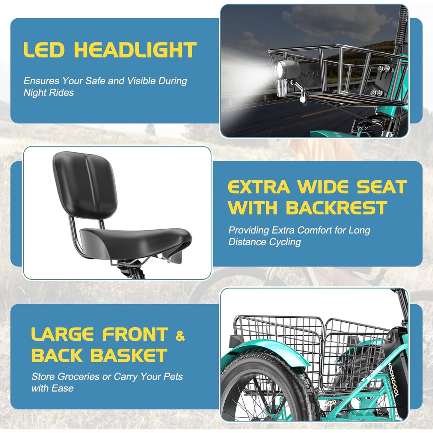 Lilypelle Electric Trike for Adults,350W 36V 3 Wheel Fat Tire Electric Bikes,7 Speeds Motorized Tricycle with Basket for Women Men