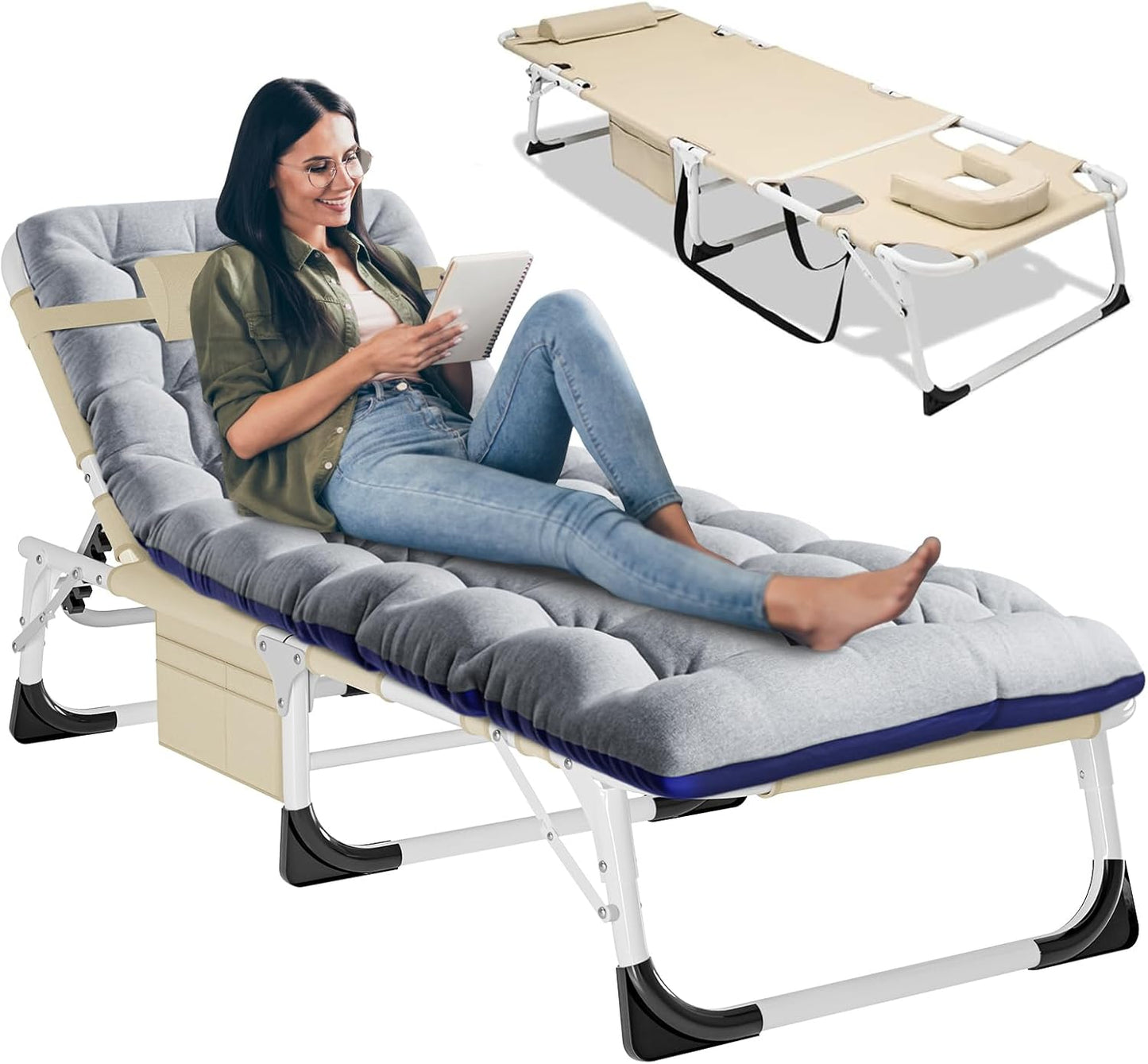 LILYPELLE Folding Lounge Chair with Mattress, 5 Position Adjustable Folding Cot Portable Outdoor Folding Chaise Lounge Chair for Outside, Sunbathing, Camping, Pool, Beach, Patio