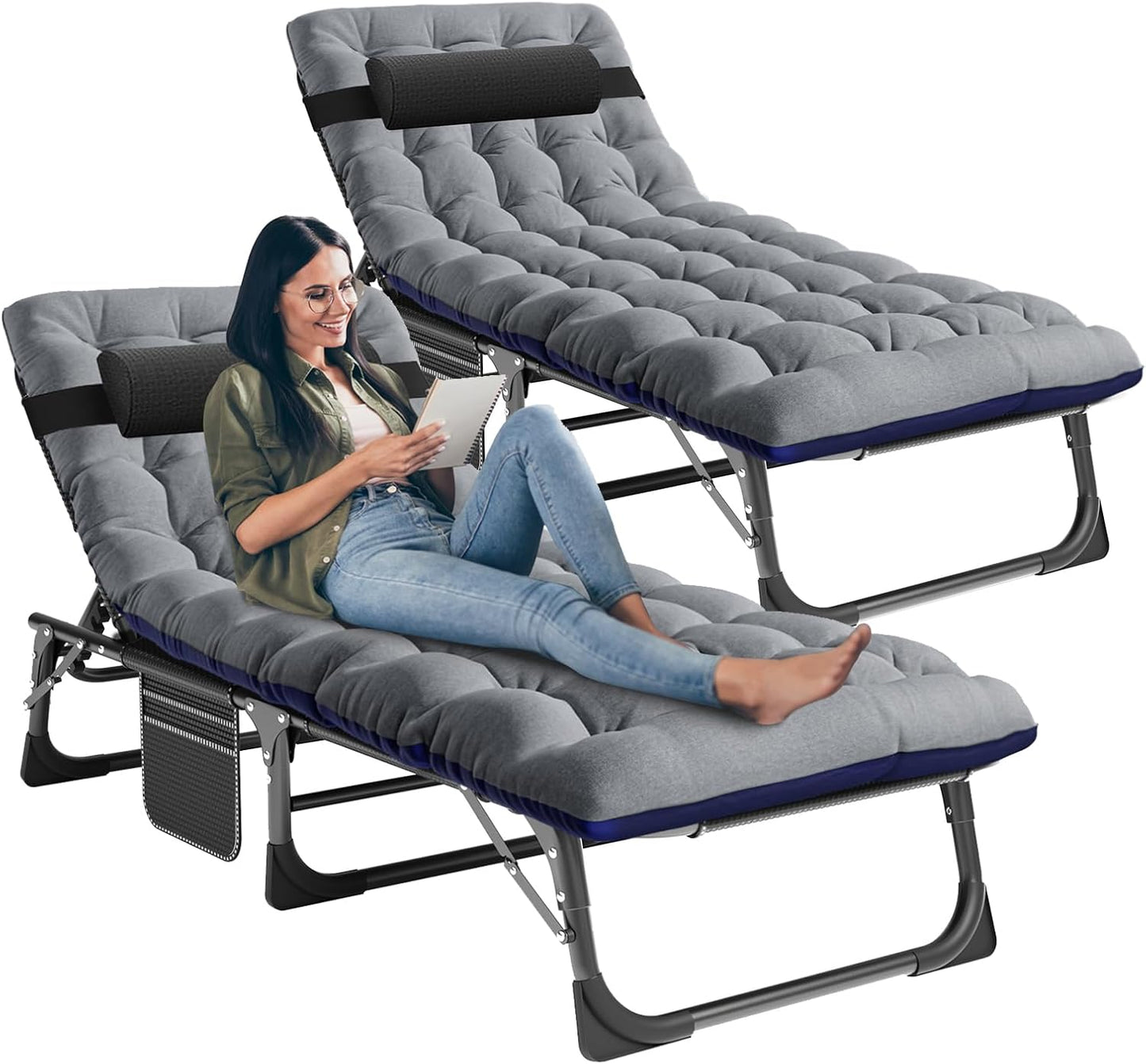 LILYPELLE Folding Lounge Chair with Mattress, 5 Position Adjustable Folding Cot Portable Outdoor Folding Chaise Lounge Chair for Outside, Sunbathing, Camping, Pool, Beach, Patio
