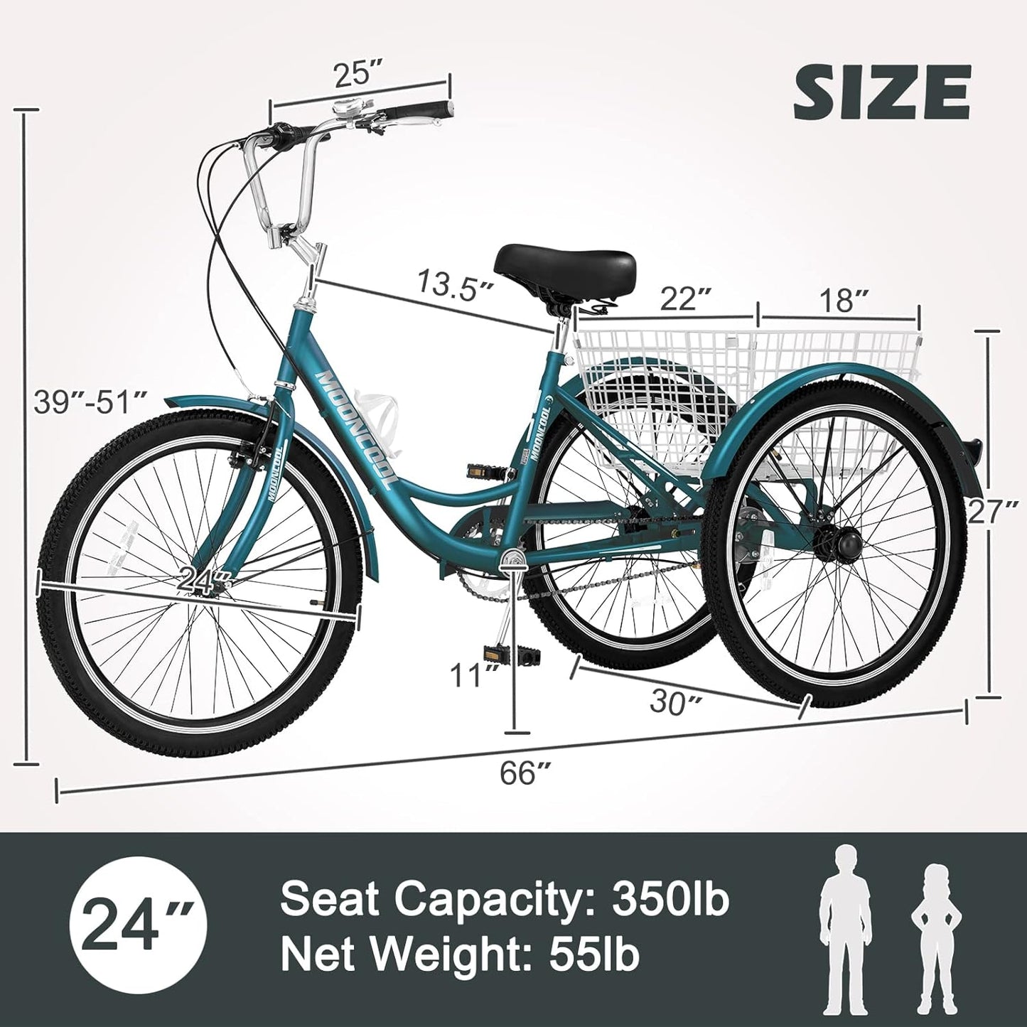 LILYPELLE Adult Tricycle 1 Speed, 3 Wheel Bike Adult, 24inch Wheels Cruiser Bikes with Cargo Basket for Seniors, Women, Men
