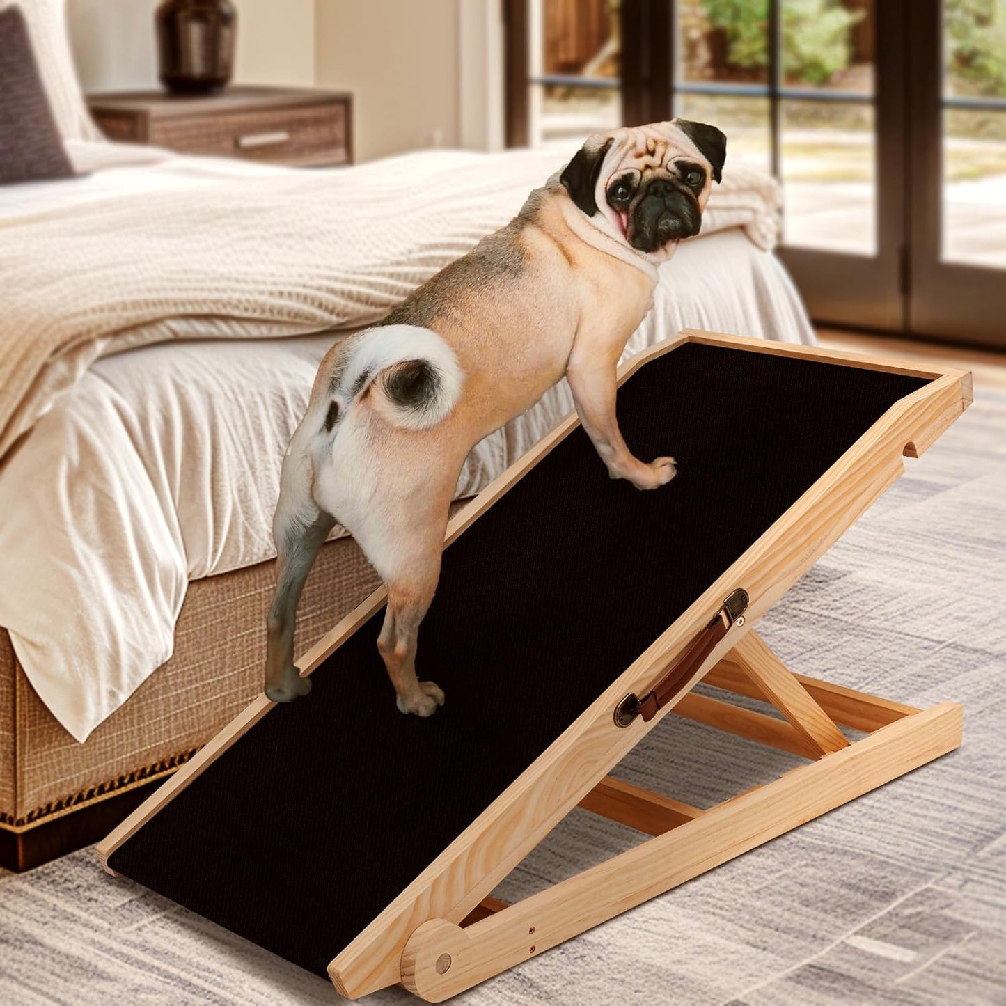 Dog Ramp for Bed, Adjustable Pet Ramps for Dog to Get on Bed, Non-Slip Rubber Surface - Folding Wooden Dog Ramp for Small/Large/Old Dogs