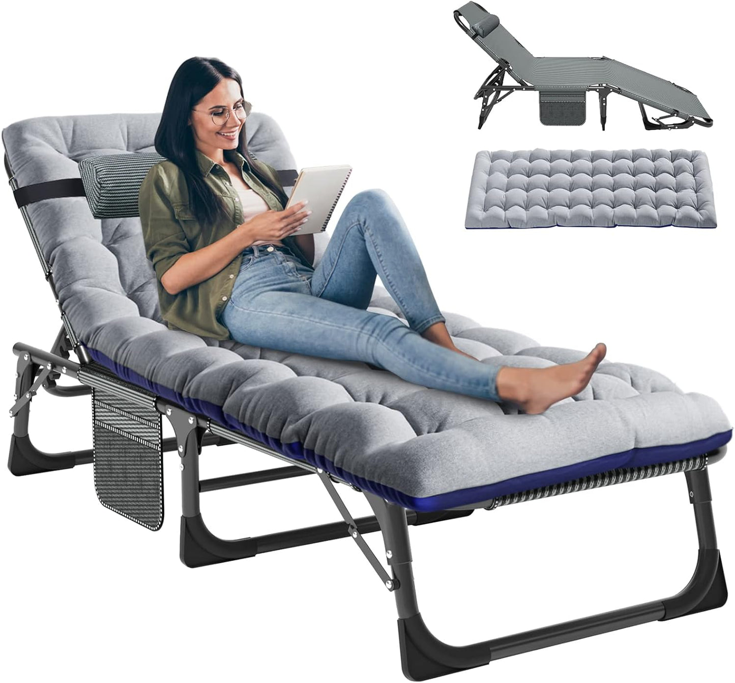 LILYPELLE Folding Lounge Chair with Mattress, 5 Position Adjustable Folding Cot Portable Outdoor Folding Chaise Lounge Chair for Outside, Sunbathing, Camping, Pool, Beach, Patio