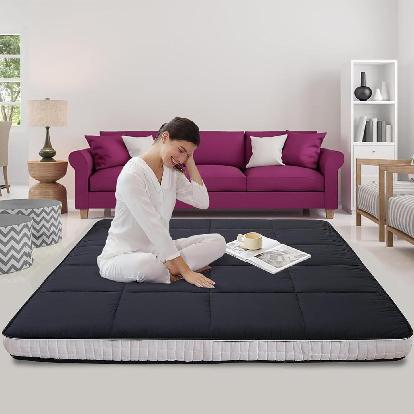 LILYPELLE Japanese Floor Mattress Futon Mattress, Foldable Mattress, Roll Up Mattress Sleeping Tatami Mat Floor Lounger Guest Bed, Easy to Store and Portable for Camping Couch, Queen