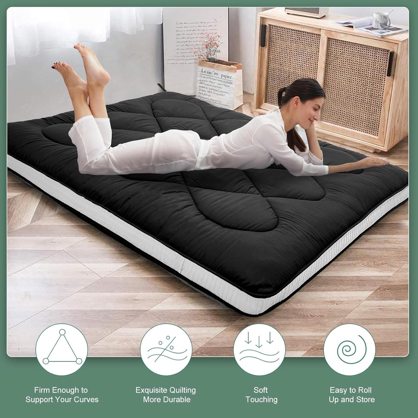 LILYPELLE Japanese Floor Mattress Futon Mattress, Twin/Full/Queen Size  Foldable Mattress, Roll Up Mattress Sleeping Tatami Mat Floor Lounger Guest Bed