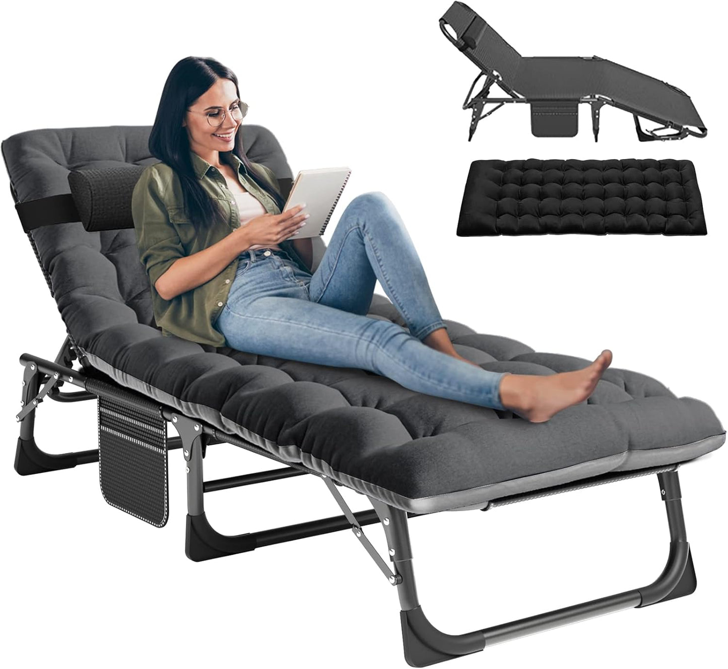 LILYPELLE Folding Lounge Chair with Mattress, 5 Position Adjustable Folding Cot Portable Outdoor Folding Chaise Lounge Chair for Outside, Sunbathing, Camping, Pool, Beach, Patio