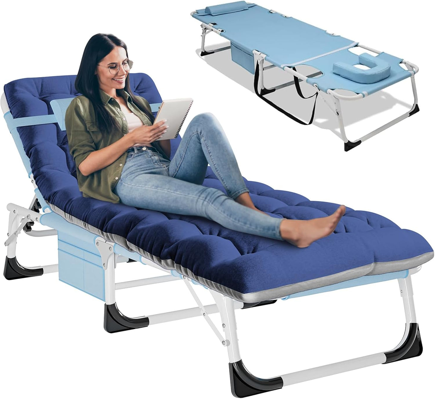 LILYPELLE Folding Lounge Chair with Mattress, 5 Position Adjustable Folding Cot Portable Outdoor Folding Chaise Lounge Chair for Outside, Sunbathing, Camping, Pool, Beach, Patio