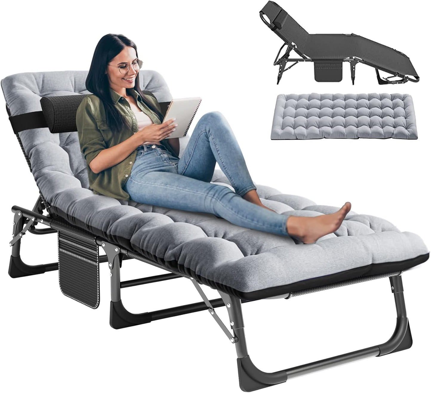LILYPELLE Folding Lounge Chair with Mattress, 5 Position Adjustable Folding Cot Portable Outdoor Folding Chaise Lounge Chair for Outside, Sunbathing, Camping, Pool, Beach, Patio