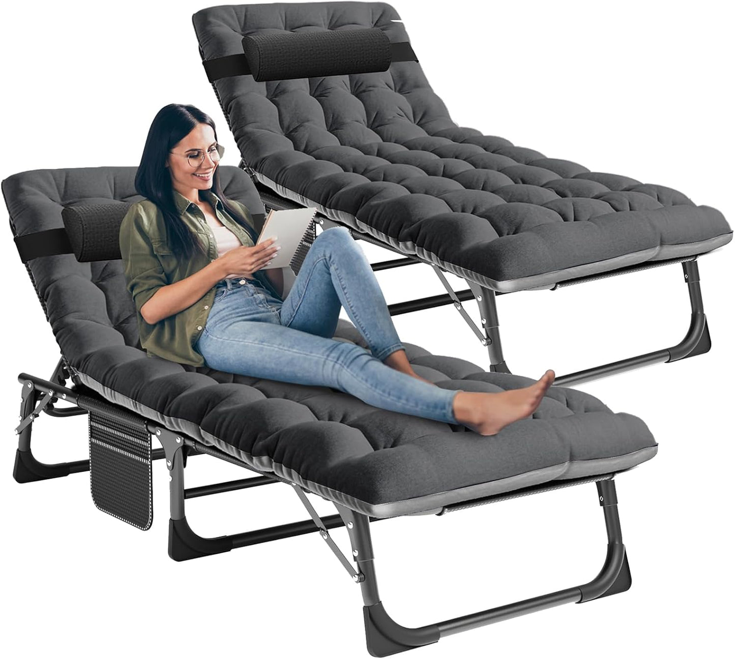LILYPELLE Folding Lounge Chair with Mattress, 5 Position Adjustable Folding Cot Portable Outdoor Folding Chaise Lounge Chair for Outside, Sunbathing, Camping, Pool, Beach, Patio
