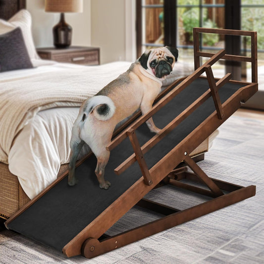 Dog Ramp for Bed, Adjustable Pet Ramps for Dog to Get on Bed, Non-Slip Rubber Surface - Folding Wooden Dog Ramp for Small/Large/Old Dogs