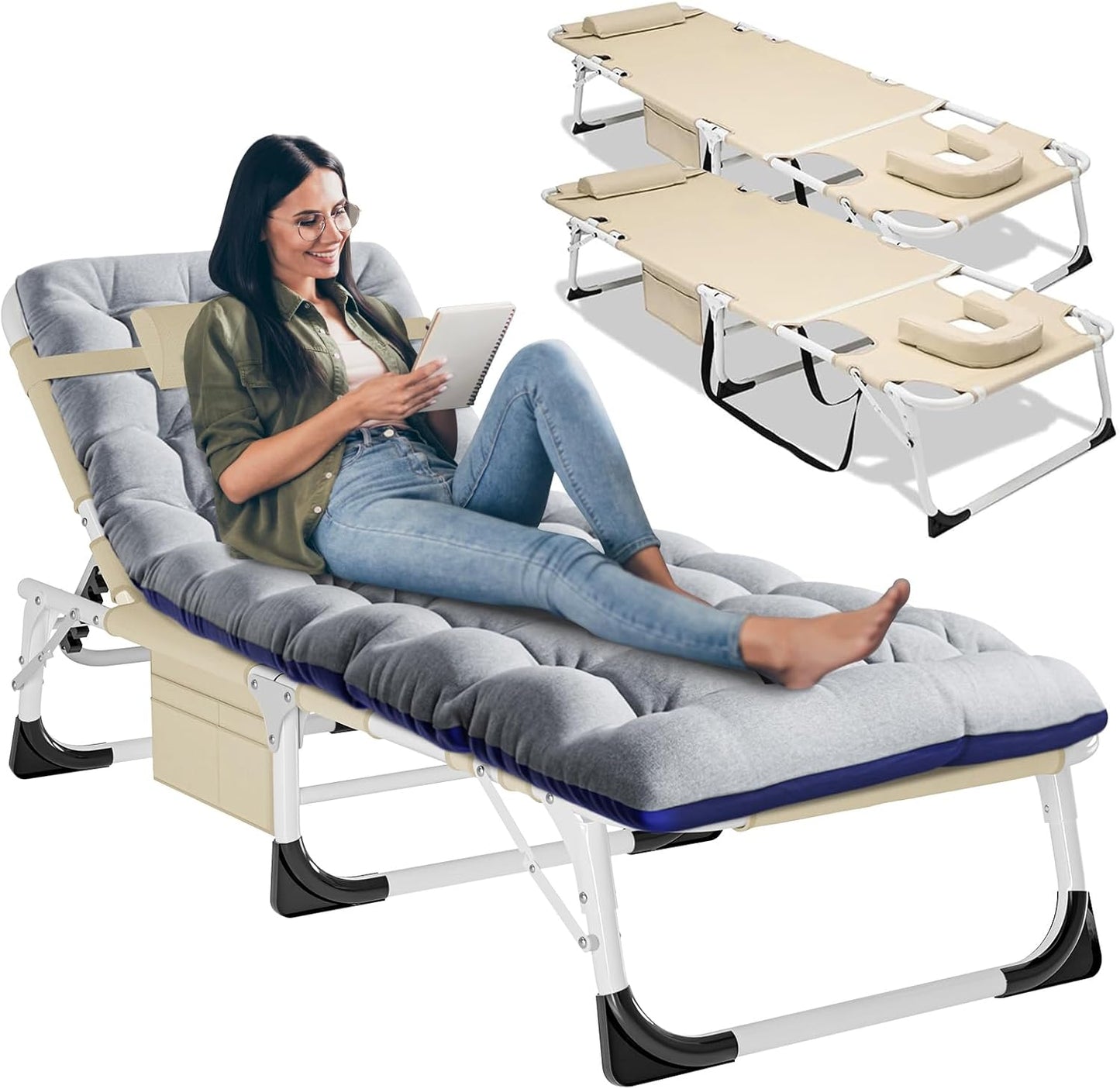 LILYPELLE Folding Lounge Chair with Mattress, 5 Position Adjustable Folding Cot Portable Outdoor Folding Chaise Lounge Chair for Outside, Sunbathing, Camping, Pool, Beach, Patio