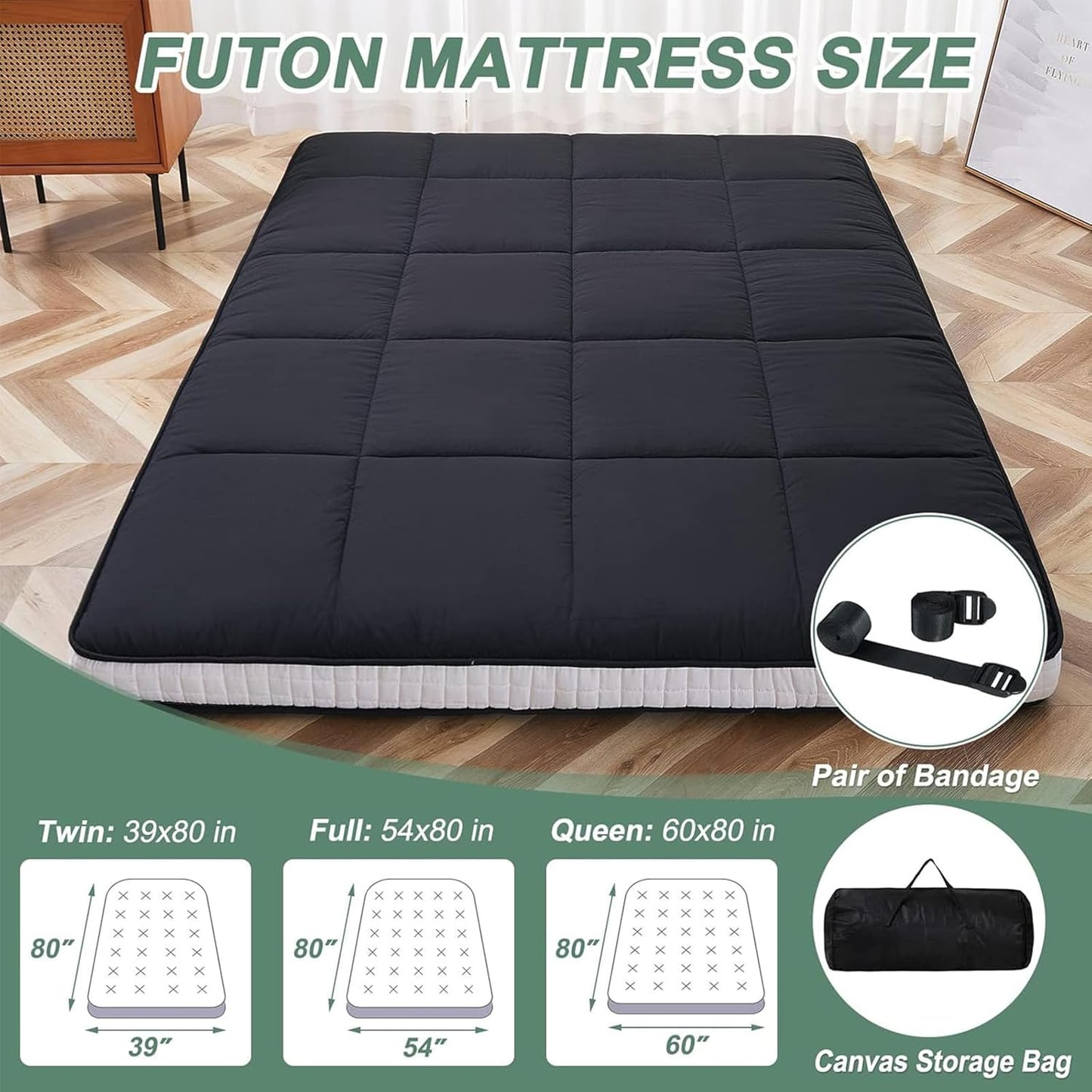 LILYPELLE Japanese Floor Mattress Futon Mattress, Foldable Mattress, Roll Up Mattress Sleeping Tatami Mat Floor Lounger Guest Bed, Easy to Store and Portable for Camping Couch, Queen