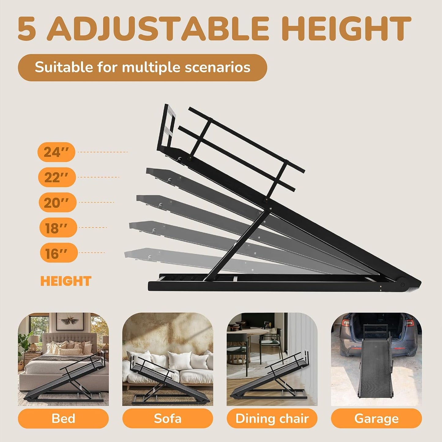 Dog Ramp for Bed, 5 Level Adjustable Dog Ramp for High Beds, Upgrade Rubber Mat High Traction Ramp with Safety Rails, Folding Pet Ramp for Bed, Couch,SUV, Natural Wood Pet Ramp for Small & Old Dogs
