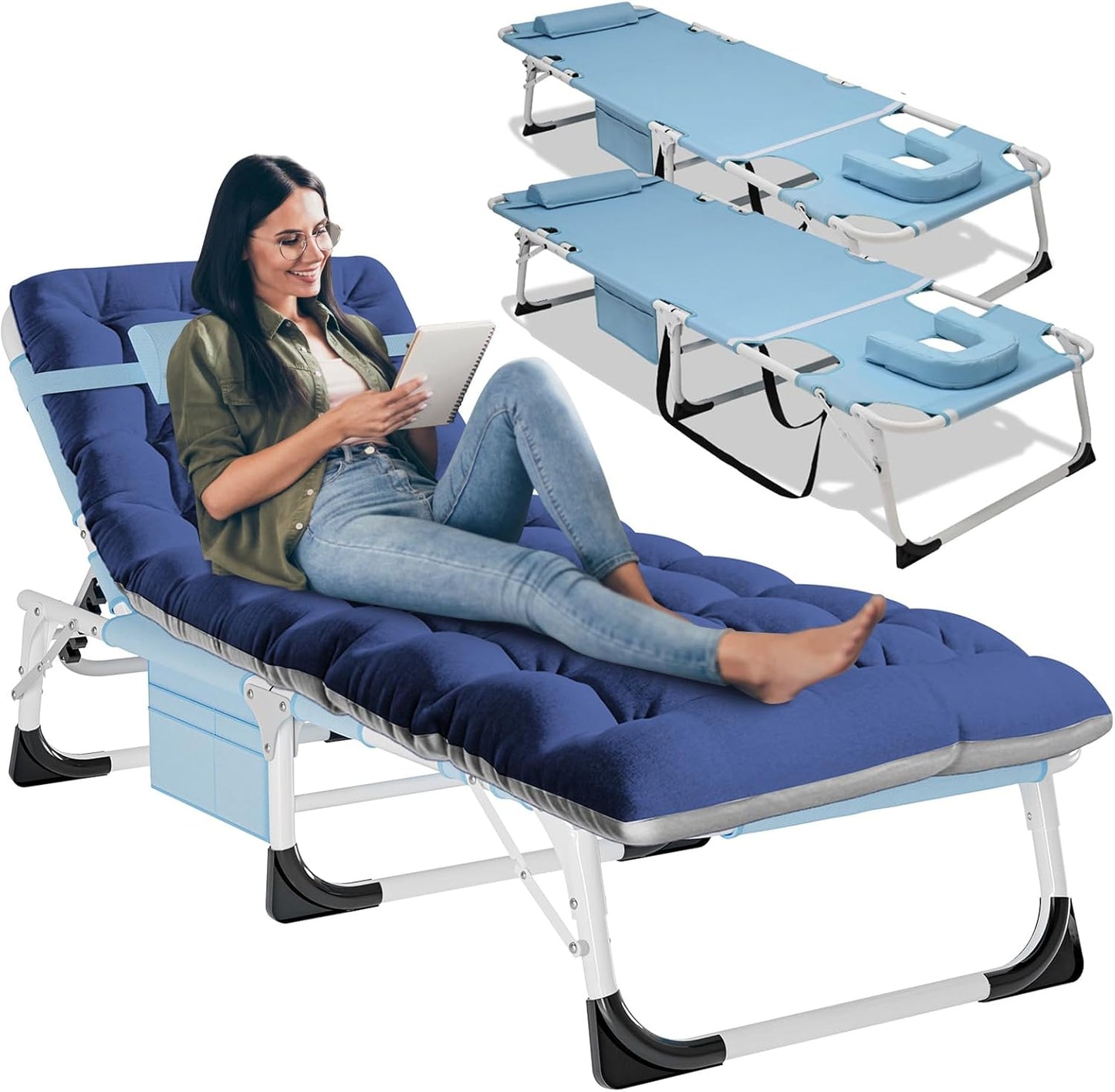 LILYPELLE Folding Lounge Chair with Mattress, 5 Position Adjustable Folding Cot Portable Outdoor Folding Chaise Lounge Chair for Outside, Sunbathing, Camping, Pool, Beach, Patio