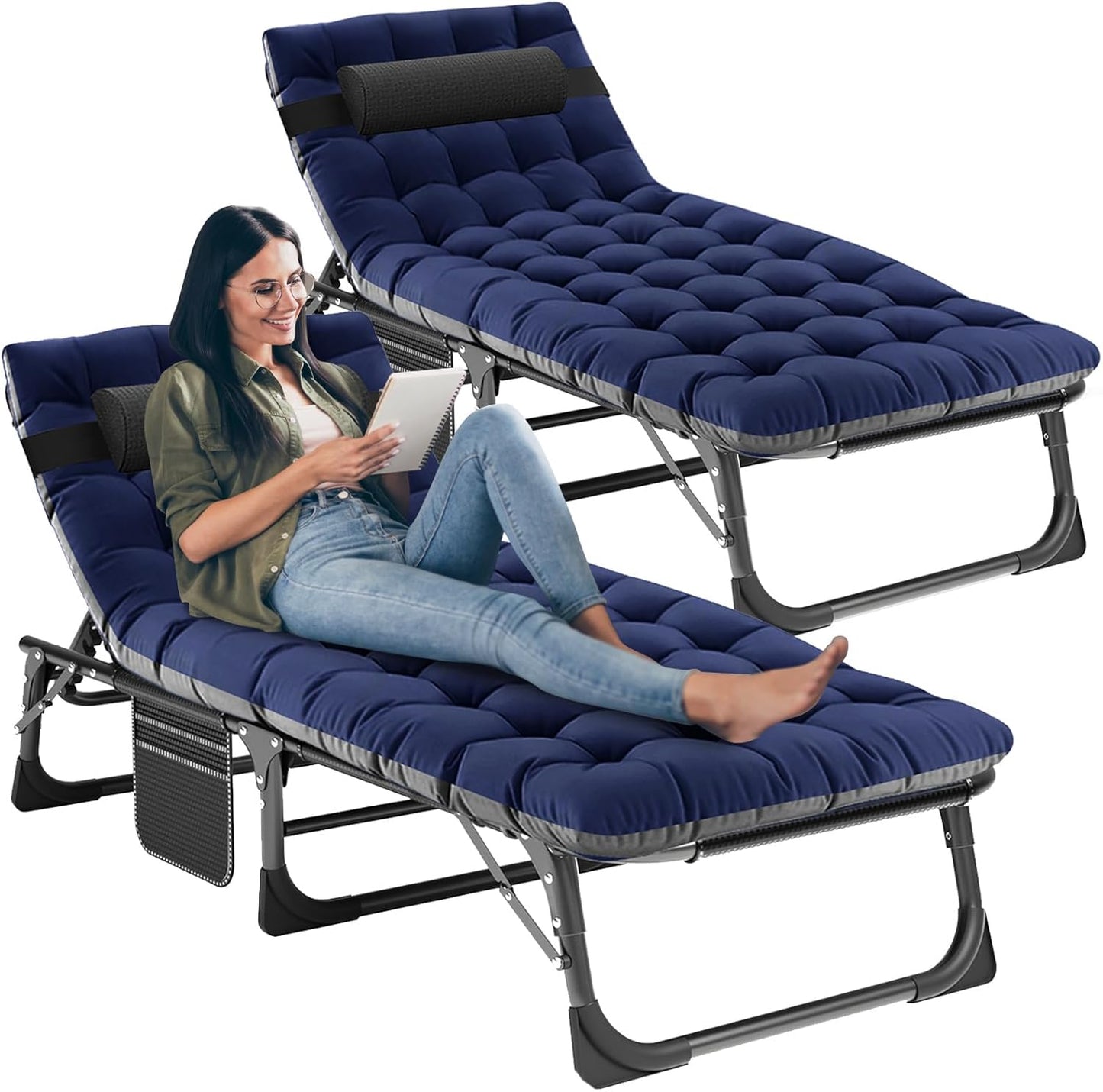 LILYPELLE Folding Lounge Chair with Mattress, 5 Position Adjustable Folding Cot Portable Outdoor Folding Chaise Lounge Chair for Outside, Sunbathing, Camping, Pool, Beach, Patio