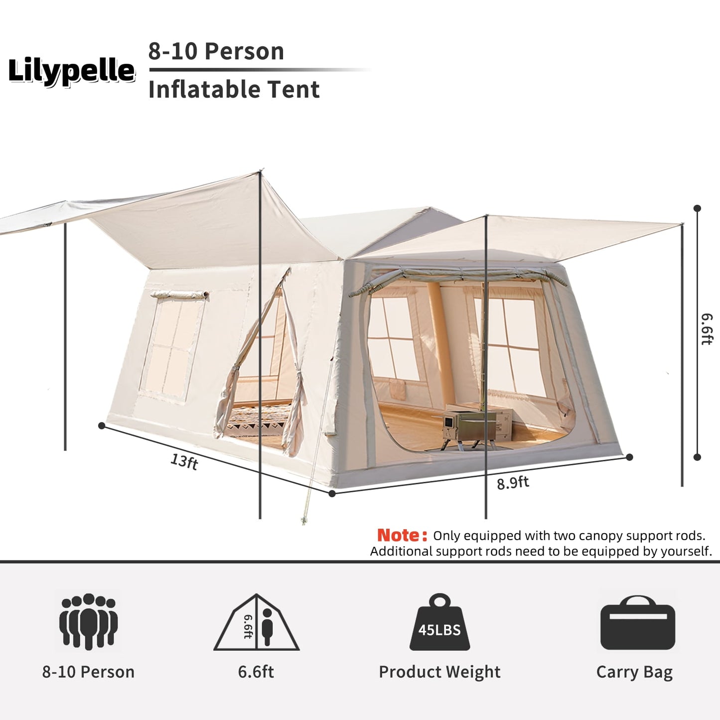 Lilypelle 8-10 Person Blow Up Inflatable Tent, with Removable Canopy and Stove Jack, 2 Room Instant Setup Air Cabin, Waterproof Oxford Hot Camping Tent for Family Glamping，2 Room Tent + Canopy - 13ft X 9ft X 6.5ft