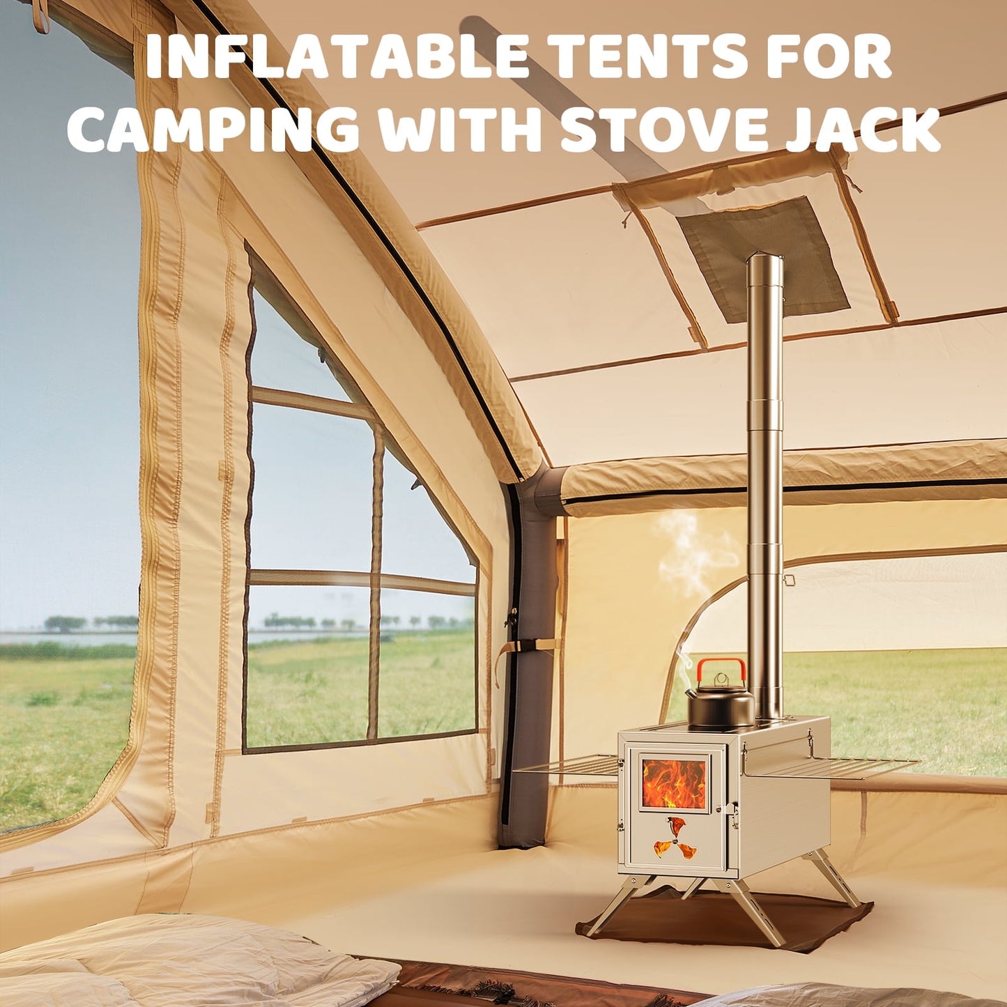 Lilypelle 4-6 Person Blow Up Inflatable Tent with Stove Jack, Hot Tent for Camping with Hand Pump, Waterproof Inflatable Camp Tent with Mesh Windows, Easy Setup Glamping Inflatable House