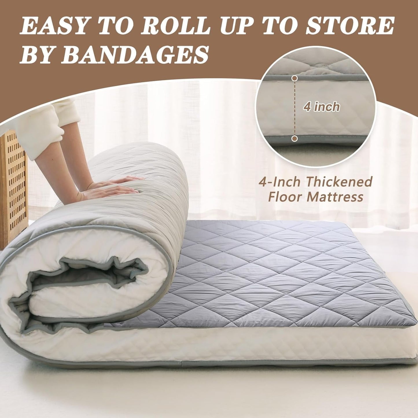 LILYPELLE Futon Mattress,Upgraded Japanese Floor Mattress,Living Room Futon Quilted Bed Mattress Topper,Folding Sleeping Pad, Gray, Twin