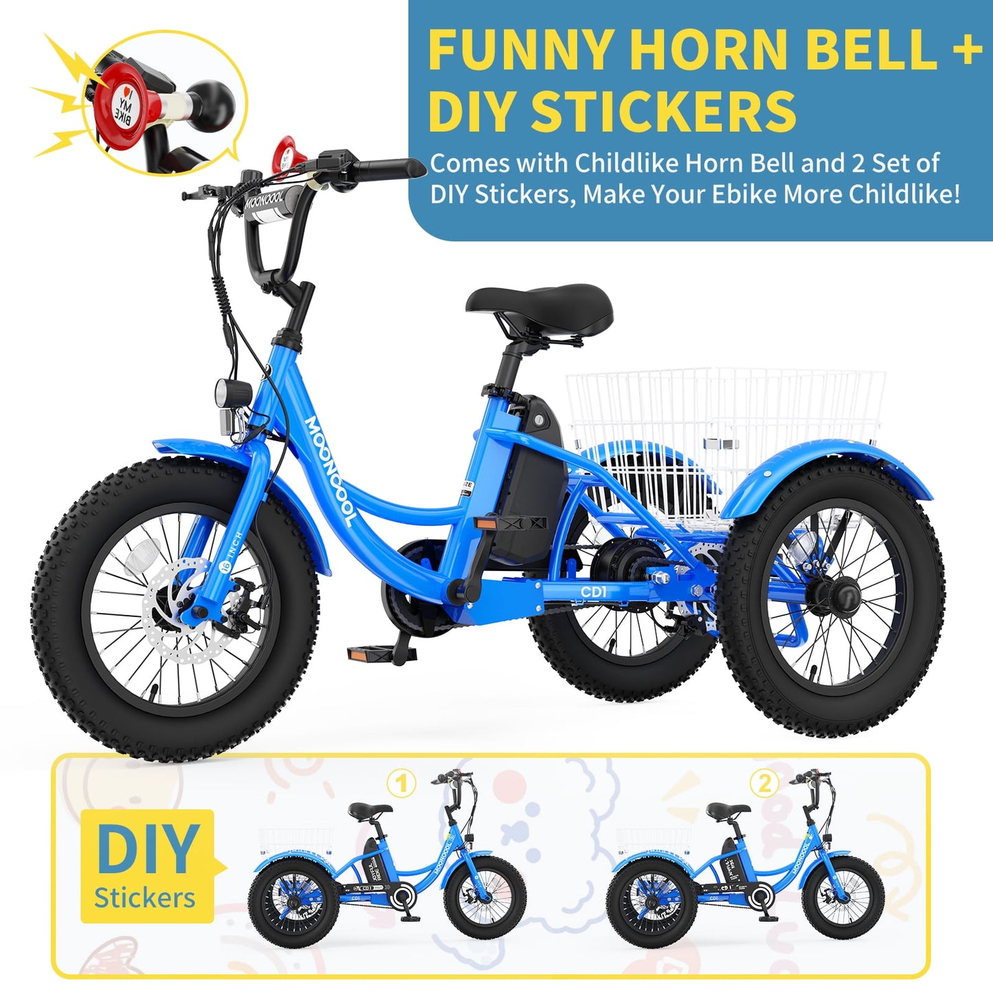 MOONCOOL Electric Tricycle for Kids ,16"x3" 3 Wheel 250W 10.4Ah Etrike W/ LED headlight & Rear Basket & horn bell & DIY stickers，6/9/12.5 MPH