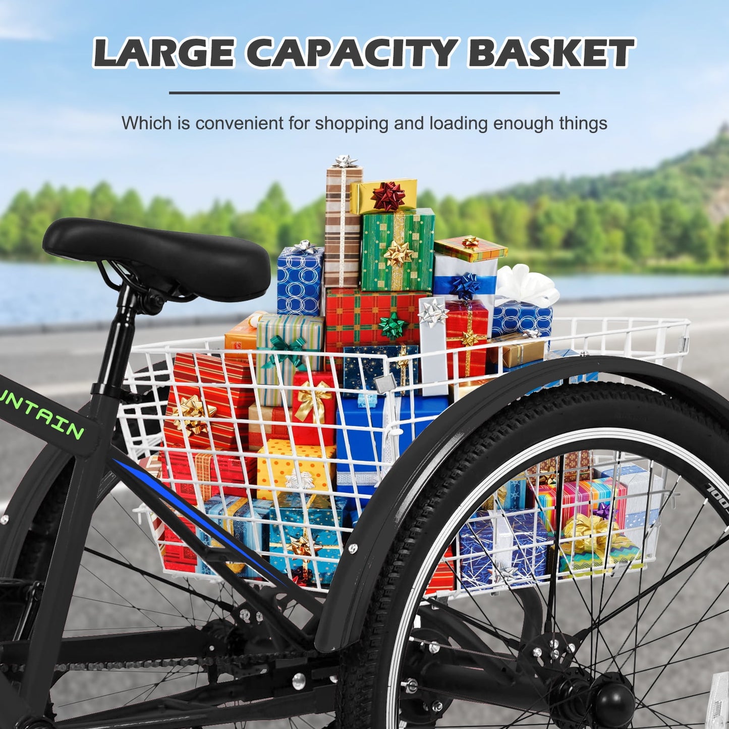 Lilypelle Mountain Tricycle for Adults, MTB 7 Speed Three Wheel Bike, Trike with Cargo Basket & Disc Brake for Women, Men, Seniors