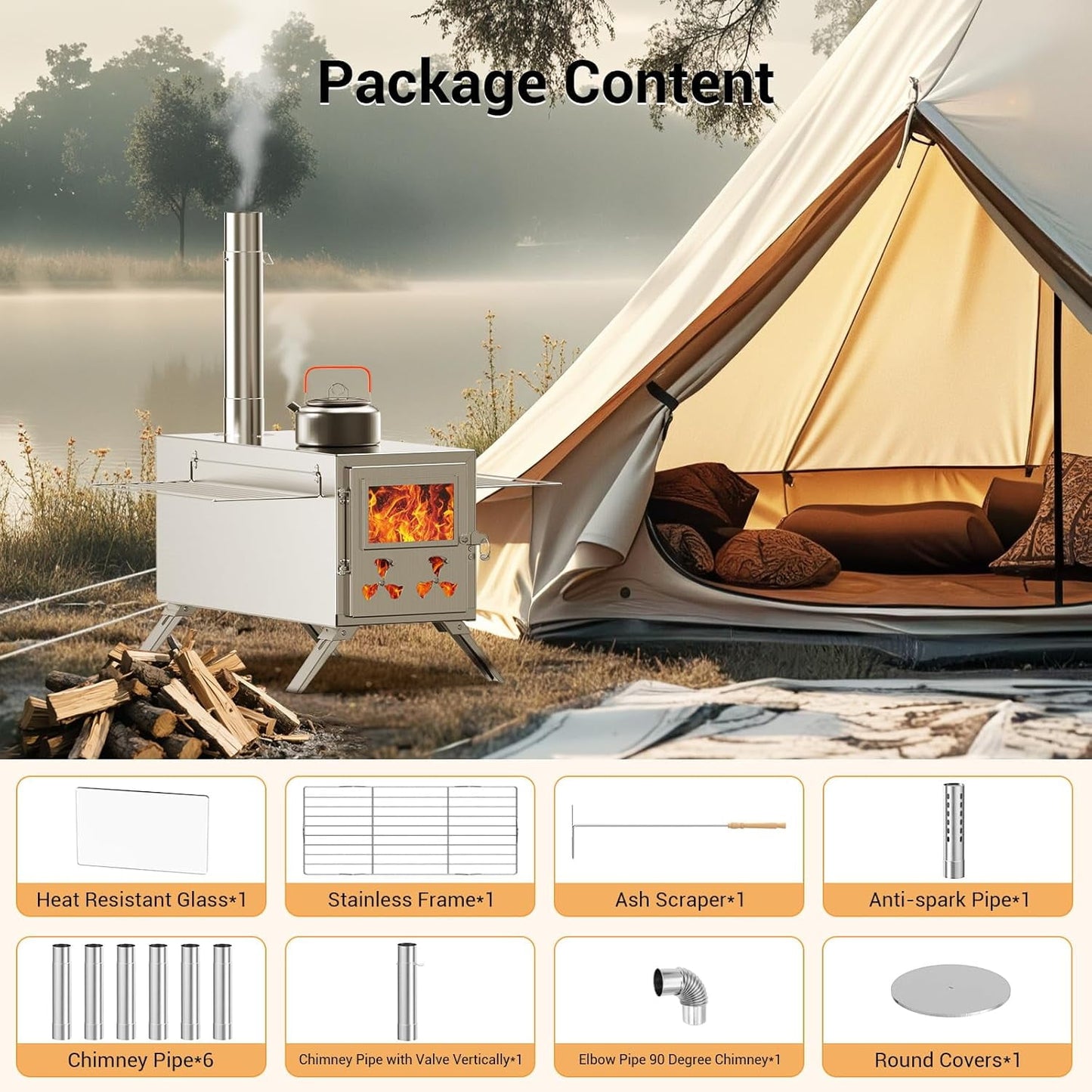 Lilypelle Portable Wood Stove Camping Hot Tent BBQ Stove with 7 Chimney Pipe for Tents, Travel, Camping, Cooking, Ice Fishing, Hunting, Boiling Water - Large（18" x 9.8" x 10.6"）