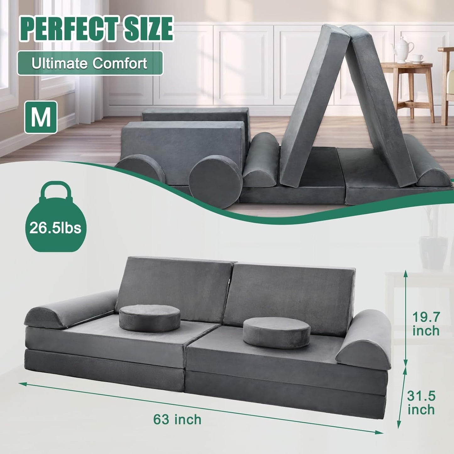 Lilypelle Foam Convertible Modular Fold Out Sofa, Grey