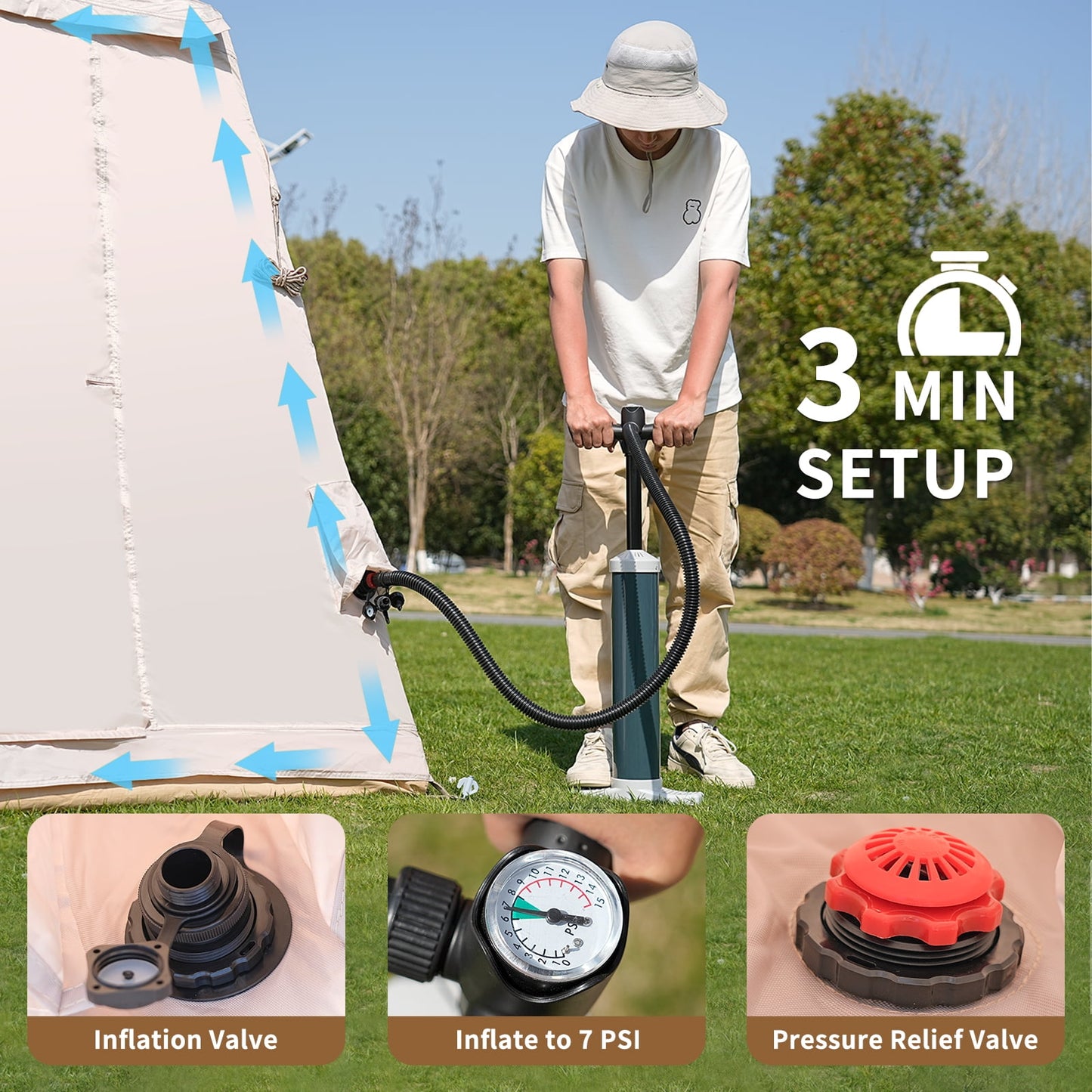 Lilypelle 8-10 Person Blow Up Inflatable Tent, with Removable Canopy and Stove Jack, 2 Room Instant Setup Air Cabin, Waterproof Oxford Hot Camping Tent for Family Glamping，2 Room Tent + Canopy - 13ft X 9ft X 6.5ft