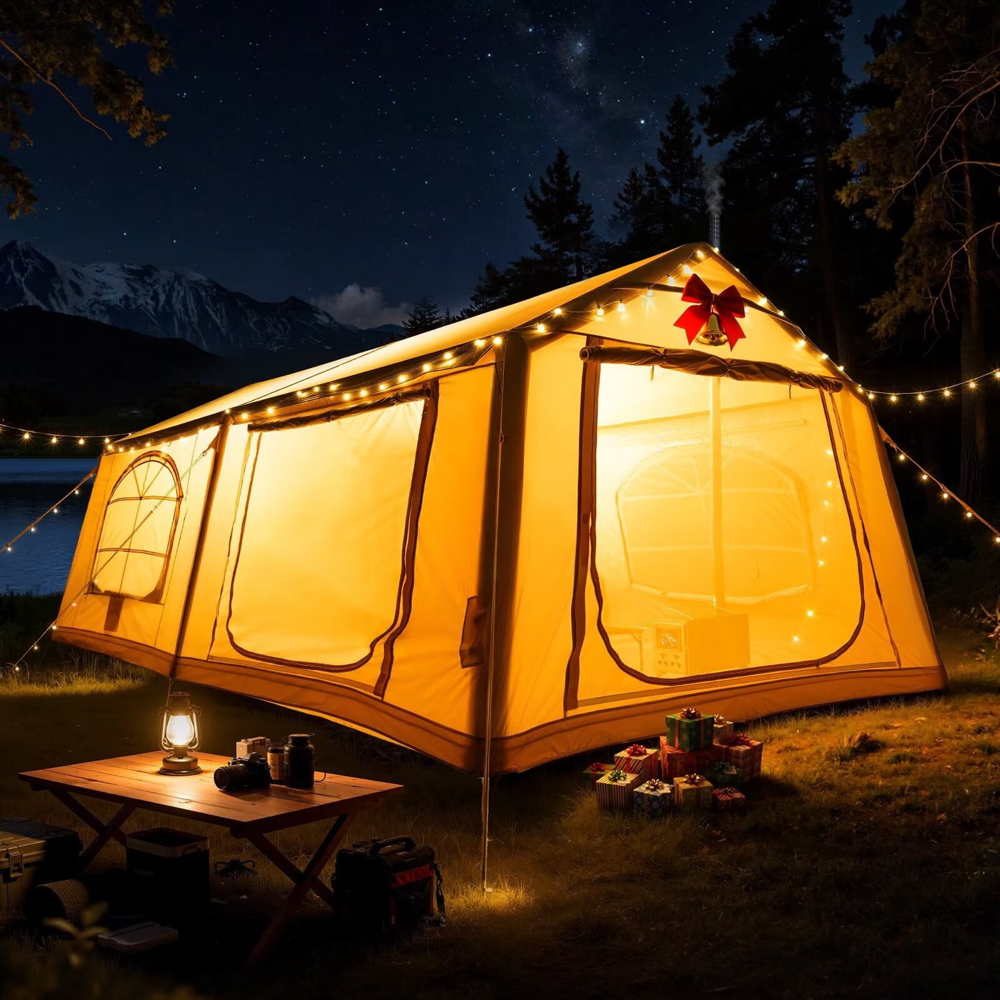 Lilypelle 12 Person Blow Up Camping Inflatable Tent w/ Canopy & Stove Jack & AC Port,18.4′x 9.8′x 6.9′Waterproof Oxford 2 Room Air Tent , Easy Setup Glamping Inflatable House w/ Stove Jack