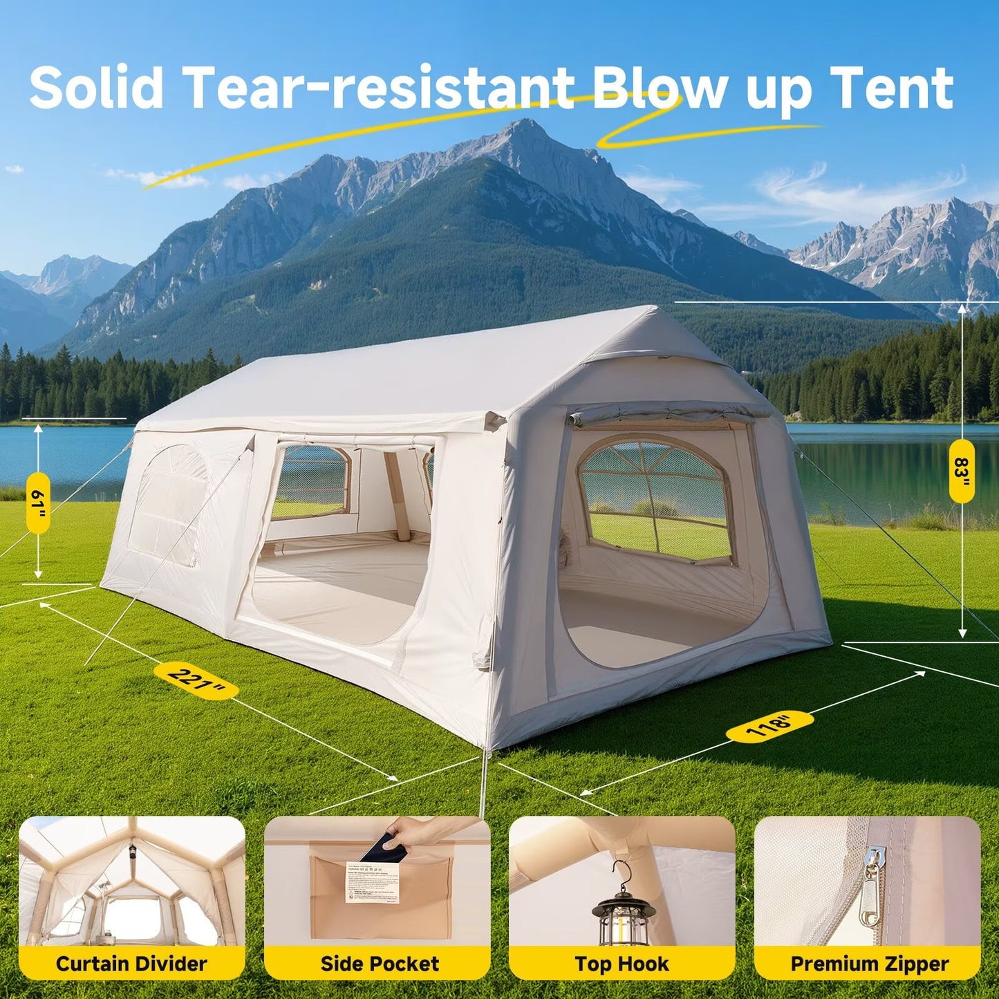 Lilypelle 12 Person Blow Up Camping Inflatable Tent w/ Stove Jack & AC Port, 18.4′x9.8′x6.9′Waterproof Oxford 2 Room Air Tent,Easy Setup Glamping Inflatable House w/ Stove Jack