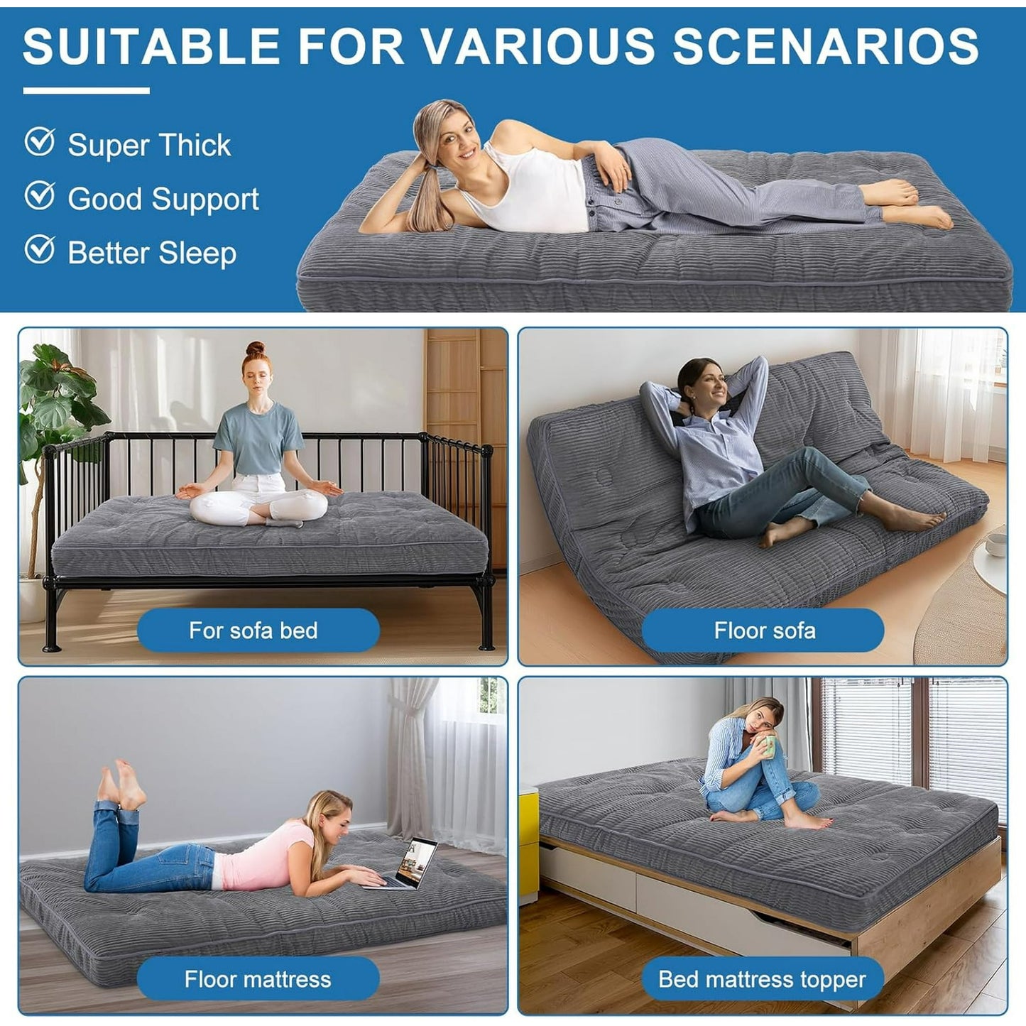 Lilypelle 6 Inches Daybed Mattress Memory Foam Futon Mattress Twin Size, Thick Corduroy Futons Sofa Couch Bed, Foldable Floor Mattress for Adults (Frame Not Included), Grey