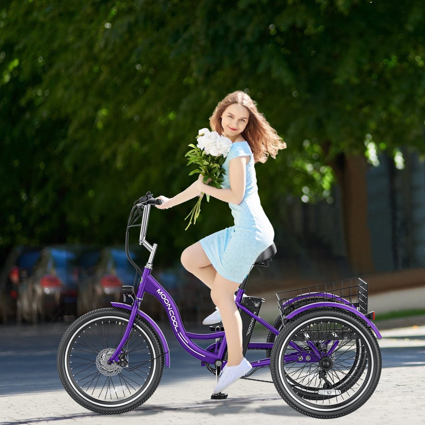 Lilypelle 24" 26" 3 Wheel Electric Tricycle for Adults, 350W 36V 7 Speeds Motorized Electric Trike Three Wheel Electric Bikes Bicycle with Large Basket for Women Men,Purple