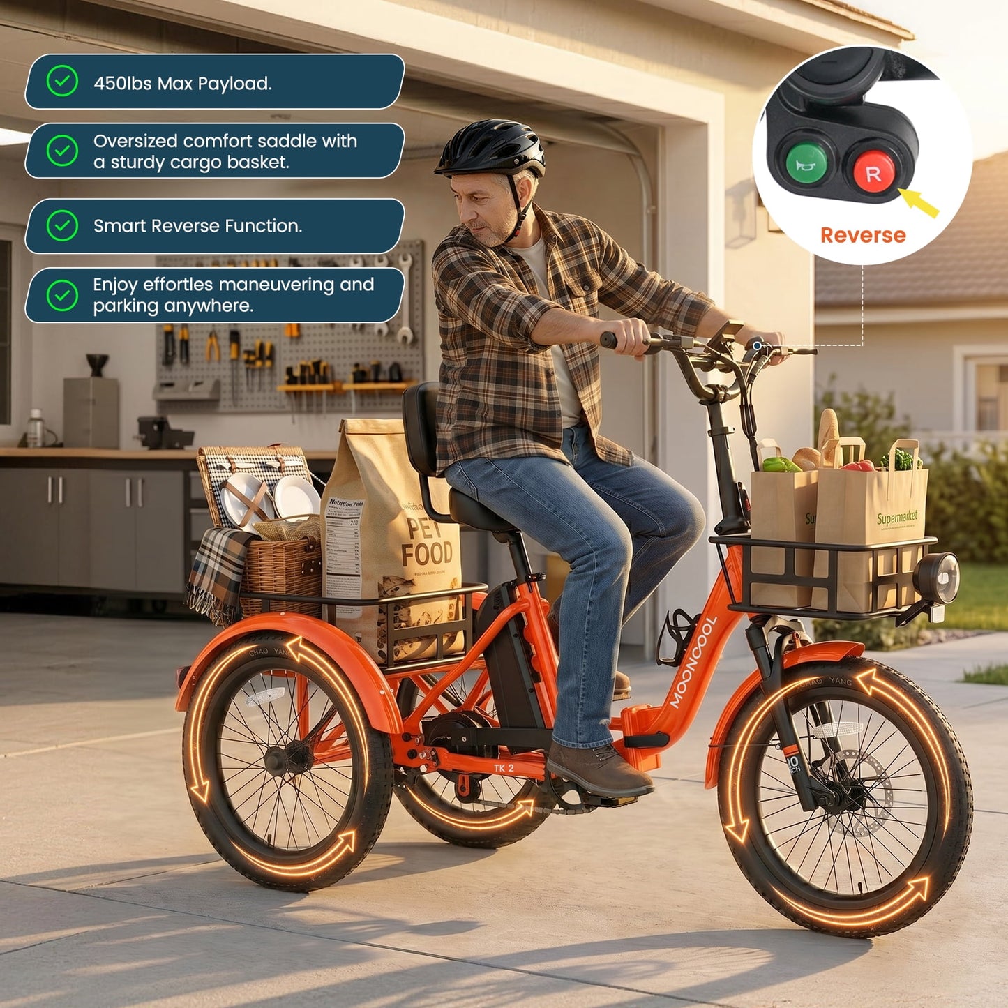 MOONCOOL TK2 Adult Electric Tricycle with Reverse, 48V 15Ah Removable Battery, Peak 1000W Motor, 20x3.0" Fat Tire, 60-Mile Range, 15.5 MPH