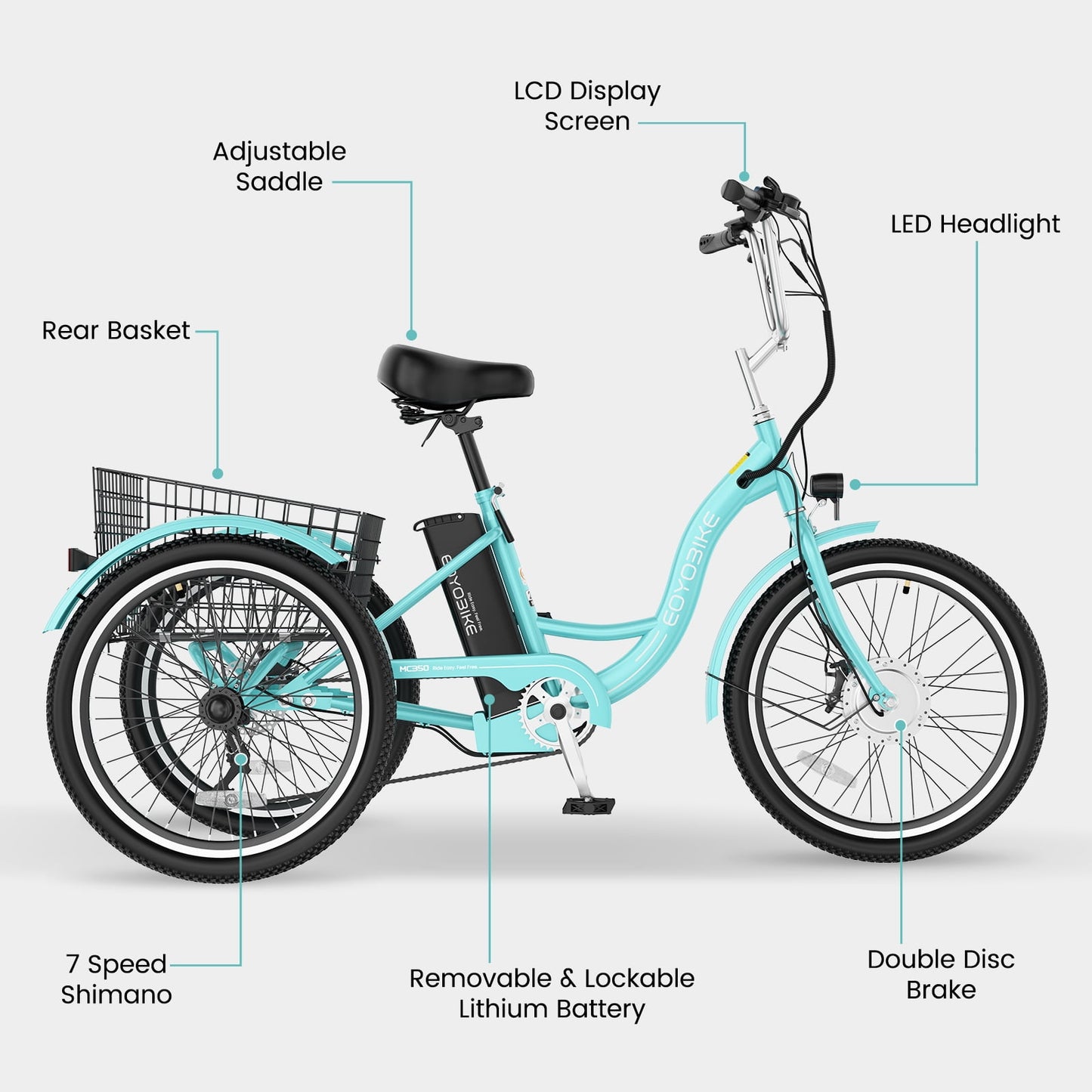MOONCOOL MC350 Electric Tricycle for Adults, 350W Motorized Electric trike with 36V 10.4Ah Removable lithium battery,24"/26" 7 Speeds 3 Wheels Electric Bikes