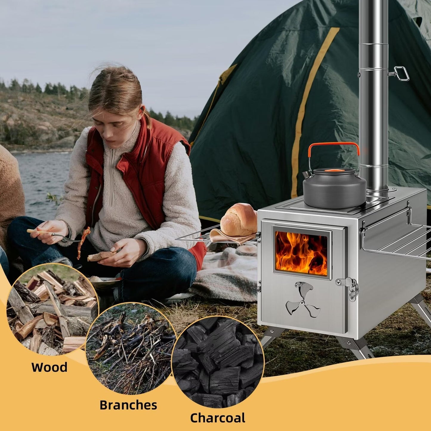 Lilypelle Portable Wood Stove Camping Hot Tent BBQ Stove with 7 Chimney Pipe for Tents, Travel, Camping