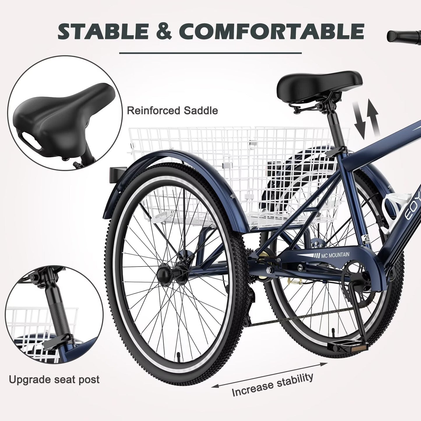 Lilypelle Mountain Tricycle for Adults, MTB 7 Speed Three Wheel Bike, 24/26/27.5 Inch Adults Trikes w/ Disc Brake & Cargo Basket for Women, Men, Seniors