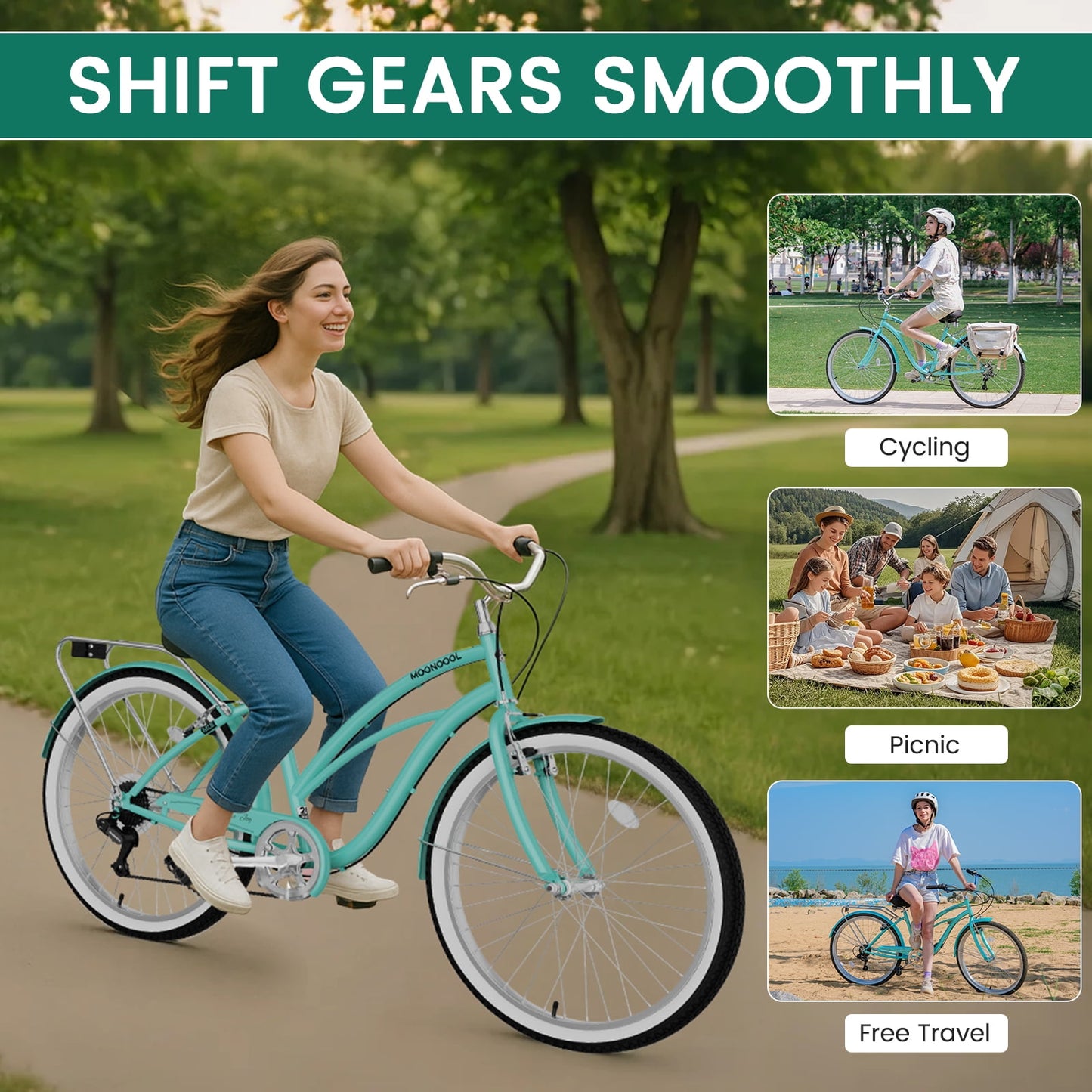 Lilypelle Beach Cruiser Bicycle, 7 Speed Bike with 24" 26" Wheel Fits Rider: 4'11"-6'2", Step Through Bikes for Commuting, Unisex