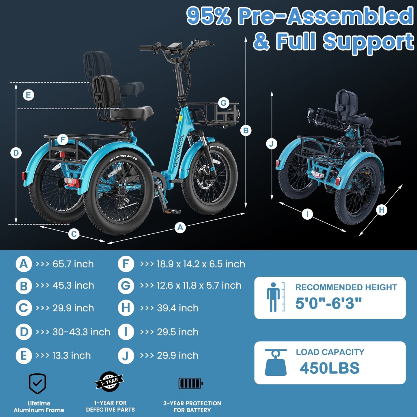 MOONCOOL TK Pro Electric Tricycle for Adults, 750W（Peak 1500W) Motor 48V 20Ah Battery, 20in Fat Tire Three Wheel Electric Bicycle , Foldable Electric Mountain Trike with Front & Rear Basket, UL2849