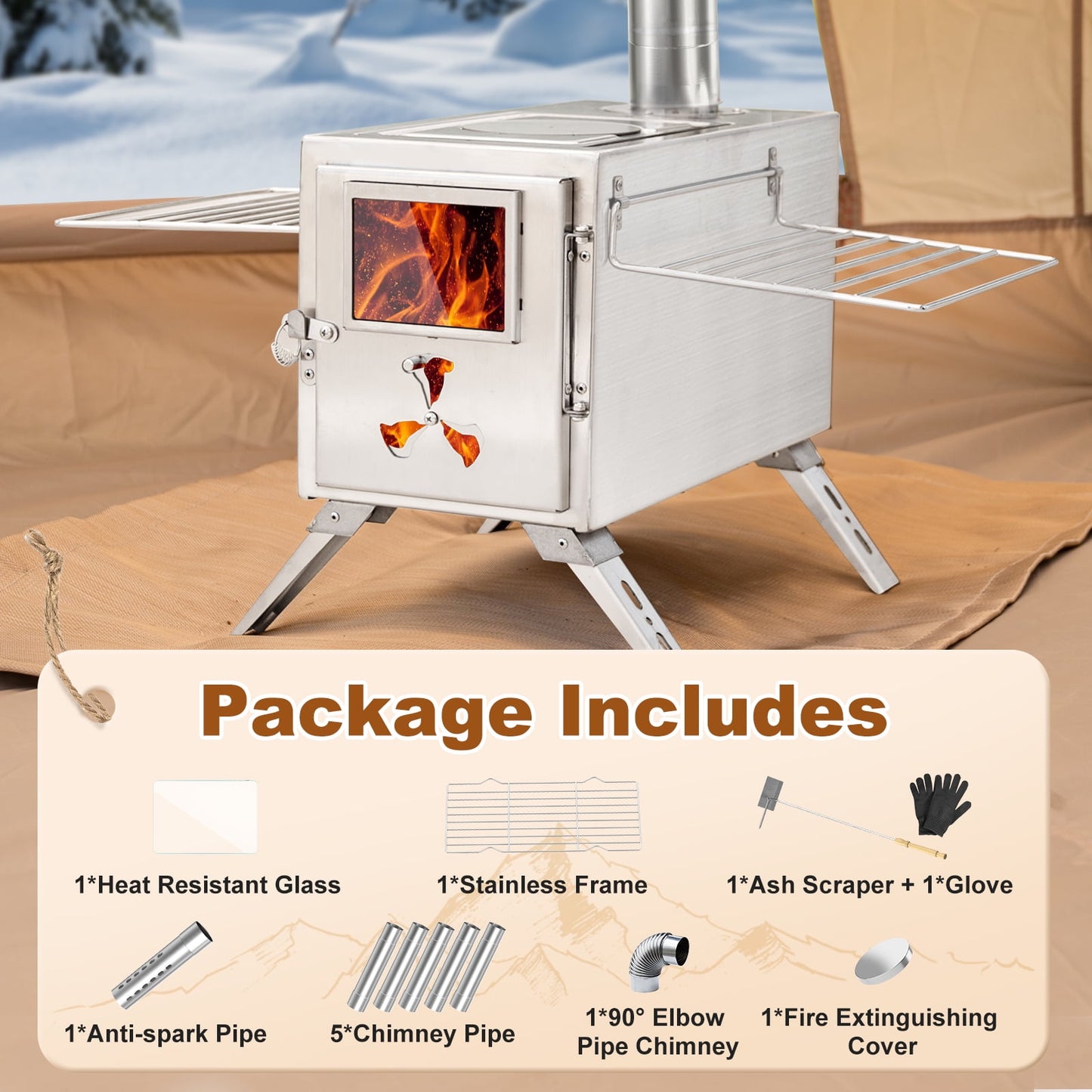 Lilypelle Portable Wood Stove Camping Hot Tent BBQ Stove with 7 Chimney Pipe for Tents, Travel, Camping