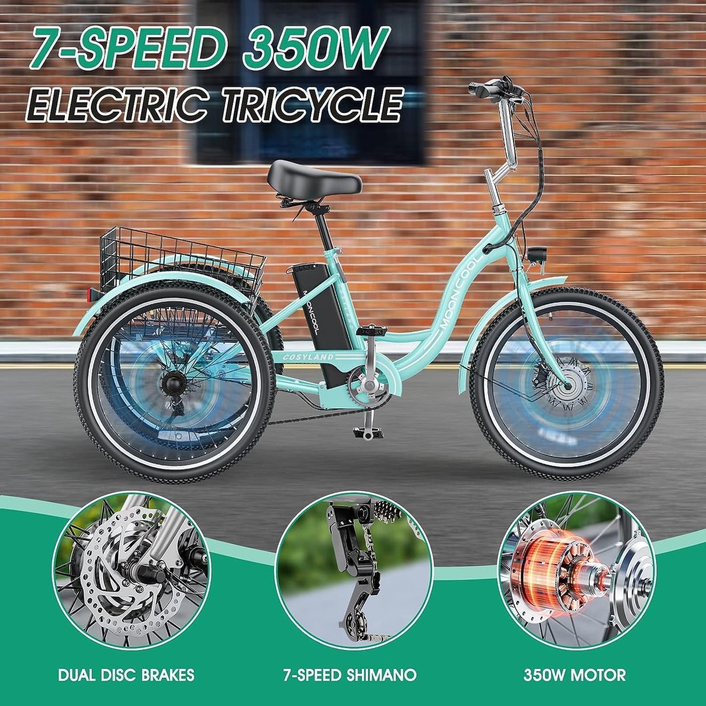 Lilypelle Electric Tricycle for Adults, 350W 36V Electric Trike Motorized Three Wheel Electric Bicycle, 7 Speeds 3 Wheels Adult Electric Tricycle with Large Basket,Cyan