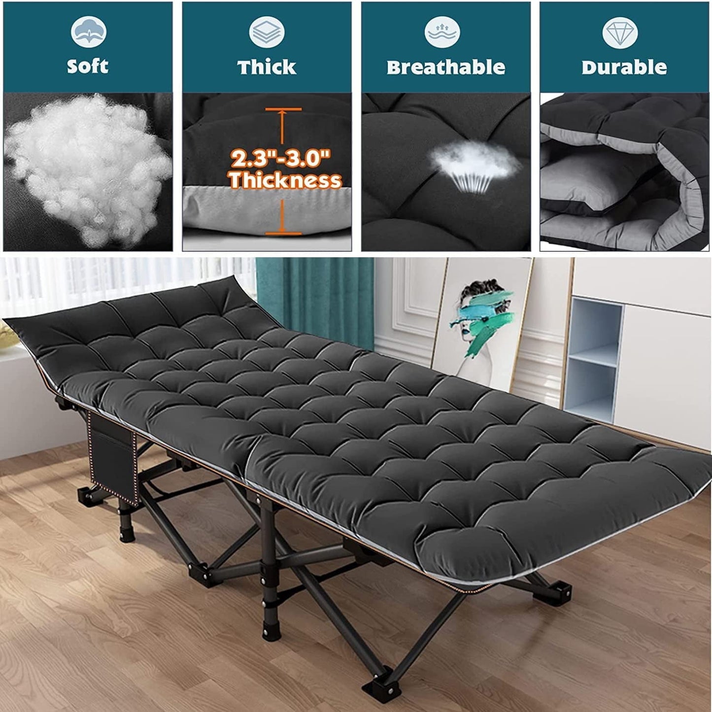 Lilypelle Folding Camping Cot for Adults, Portable Sleeping Cot, Folding Cot Rollaway Guest Bed with 3.3 inch 2 Sided Mattress and Carry Bag
