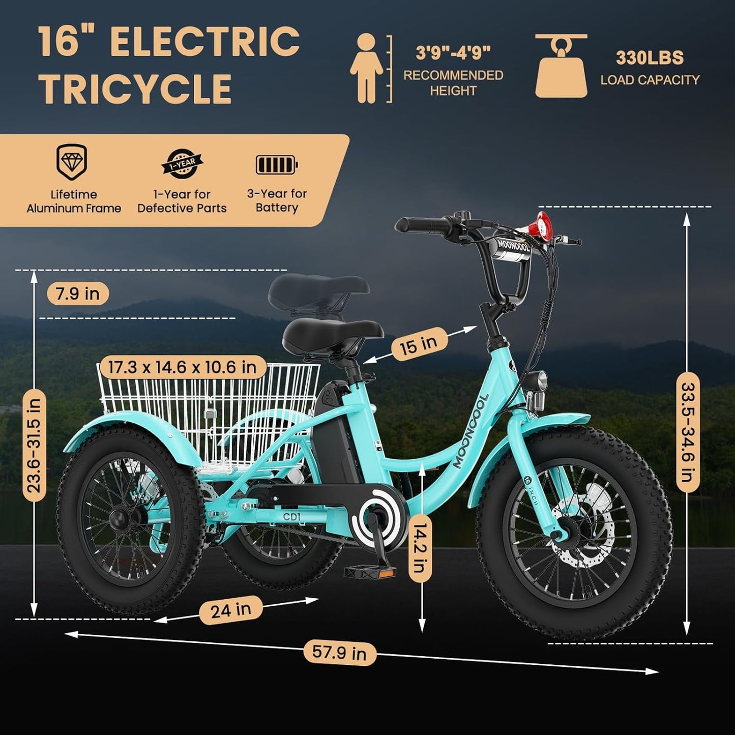 Lilypelle Electric Ride on tricycle for Kids , 6/9/12Mph Three Max Speed 250W Power trike w/ 24V 10.4Ah Battery, Headlights & Horn, Large Rear Basket ,2 sets of DIY stickers,16"x3" Wheel,30Miles