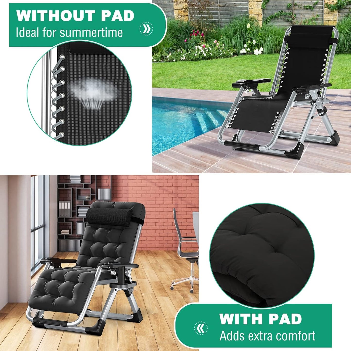 LILYPELLE Zero Gravity Chair, Premium Lawn Recliner Folding Portable Chaise Lounge with Detachable Cushion, Headrest and Cup Holder, Reclining Patio Lounger Chair